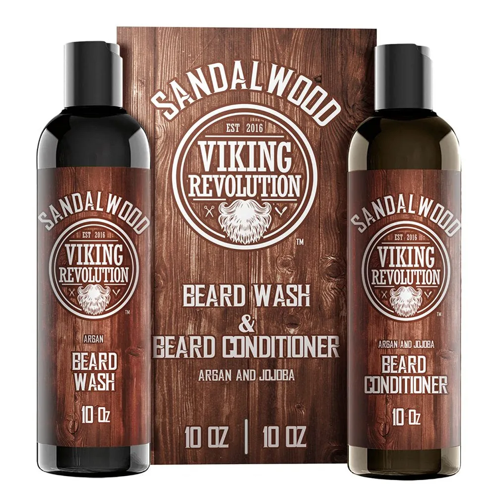 - Beard Wash & Beard Conditioner Set, Argan & Jojoba Oils - Natural Sandalwood Scent - Beard Shampoo & Beard Oil - 10 Oz