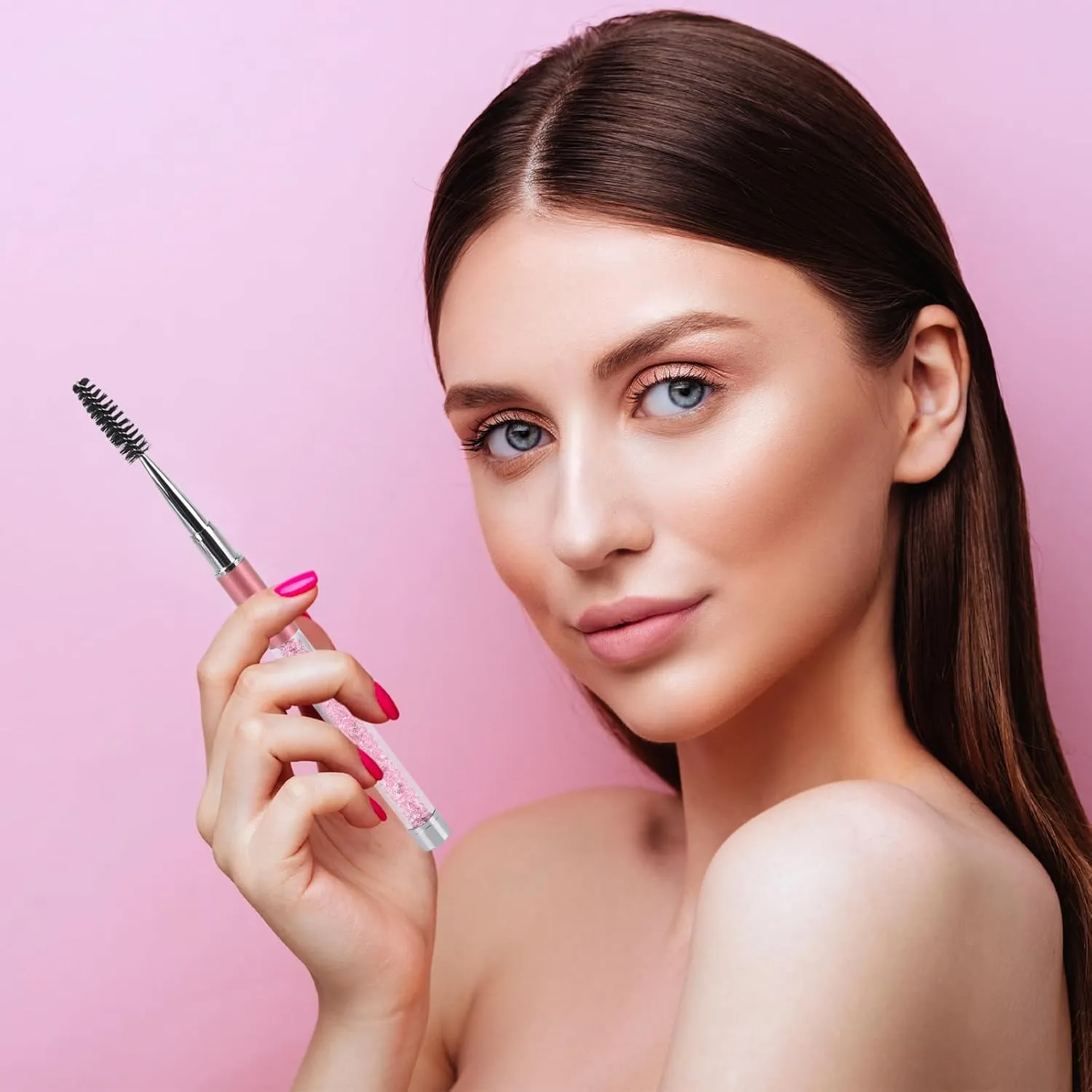 10 Pcs Spoolies Mascara Wands Eyelash Brushes Eye Brow Brush Applicator with Cap for Travel Pink