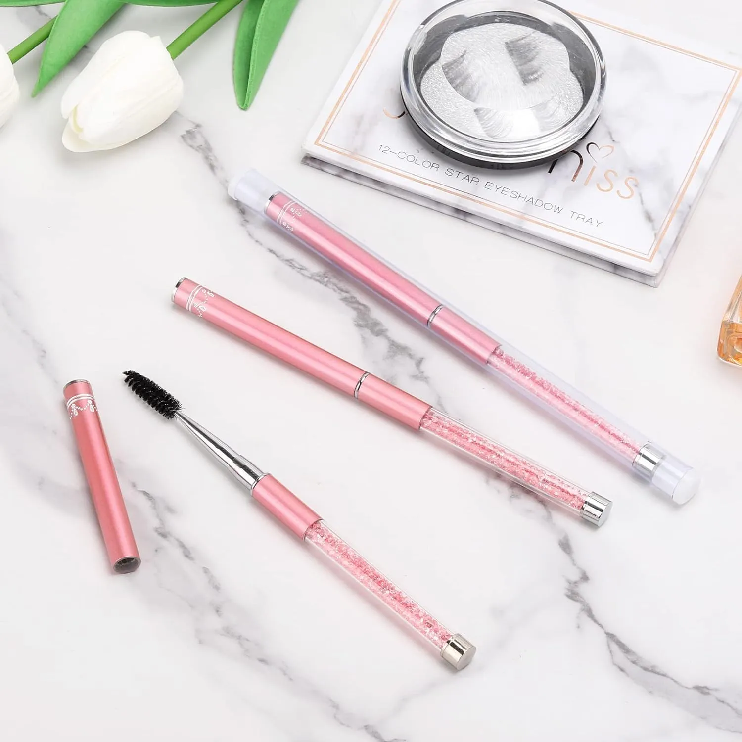 10 Pcs Spoolies Mascara Wands Eyelash Brushes Eye Brow Brush Applicator with Cap for Travel Pink