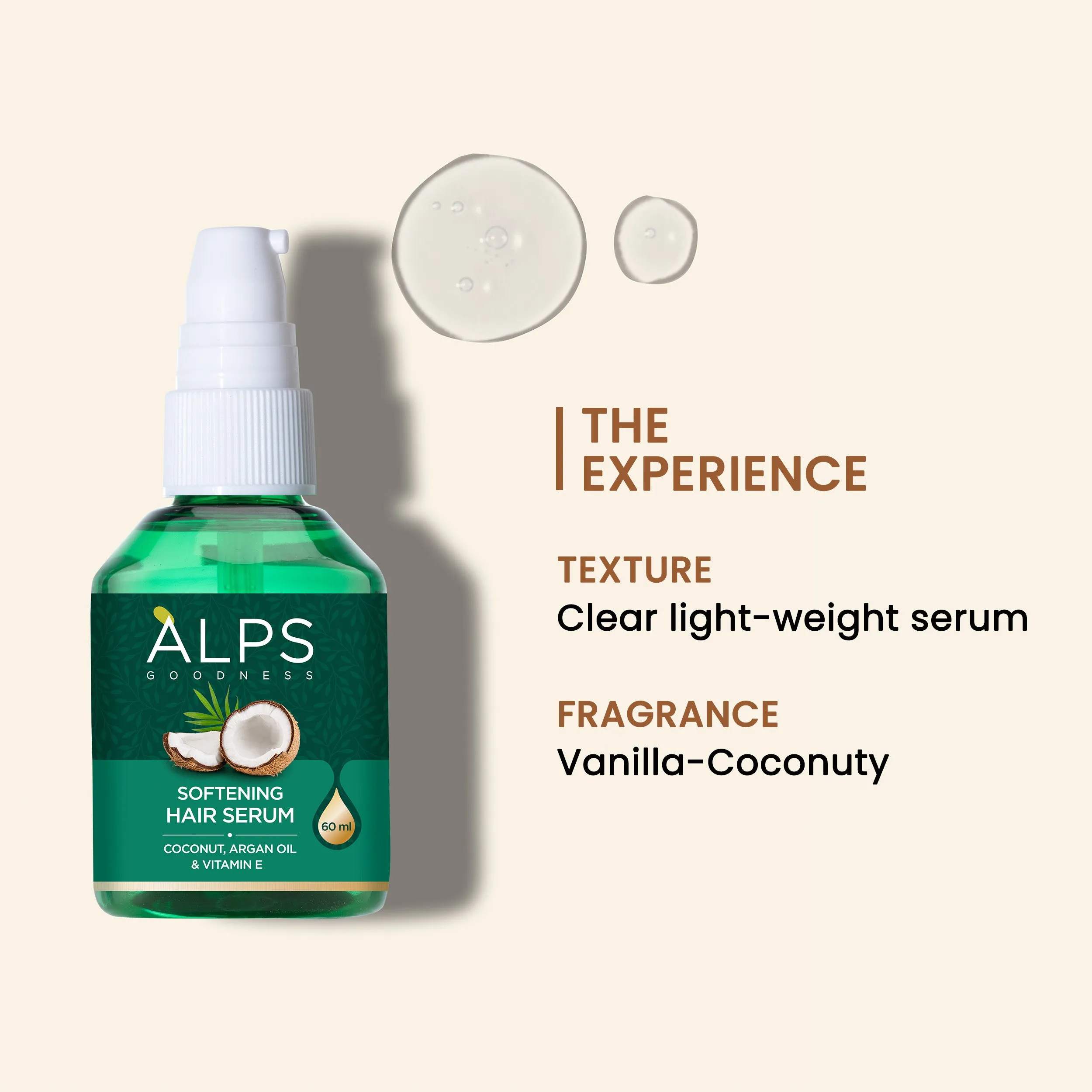 Alps Goodness Softening Hair Serum with Coconut Argan Oil & Vitamin E (60ml) | For Soft & Frizz-Free Hair | Hair Serum for Smoothening | Adds Shine