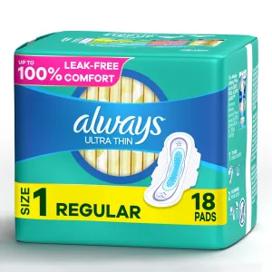 Always Ultra Thin Pads with Wings, Regular, Unscented, 18 Ct