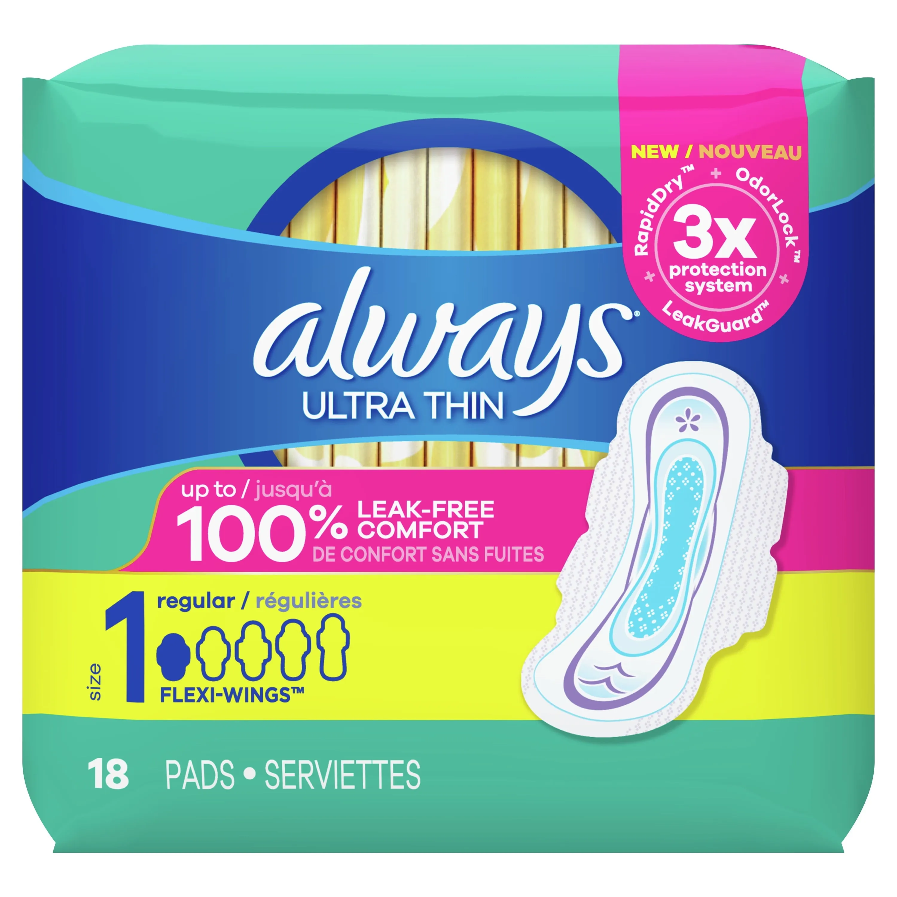 Always Ultra Thin Pads with Wings, Regular, Unscented, 18 Ct