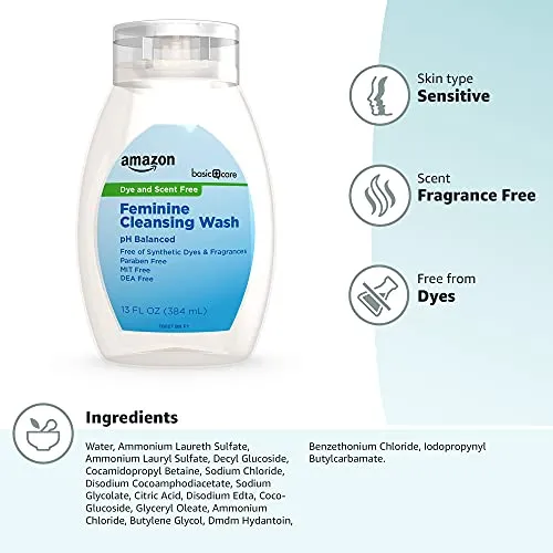 Amazon Basic Care Feminine Cleansing Wash, Dye & Scent Free, Hypoallergenic, Dermatologist & Gynecologist Tested, 13 Ounces