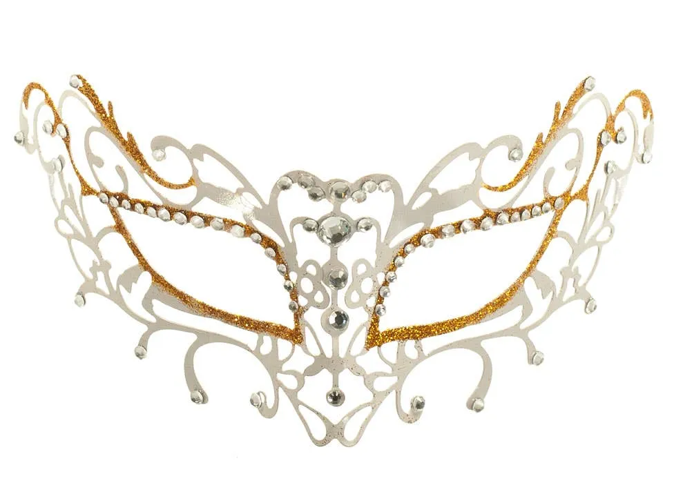 Antique Deluxe White and Gold Metal Masquerade Mask