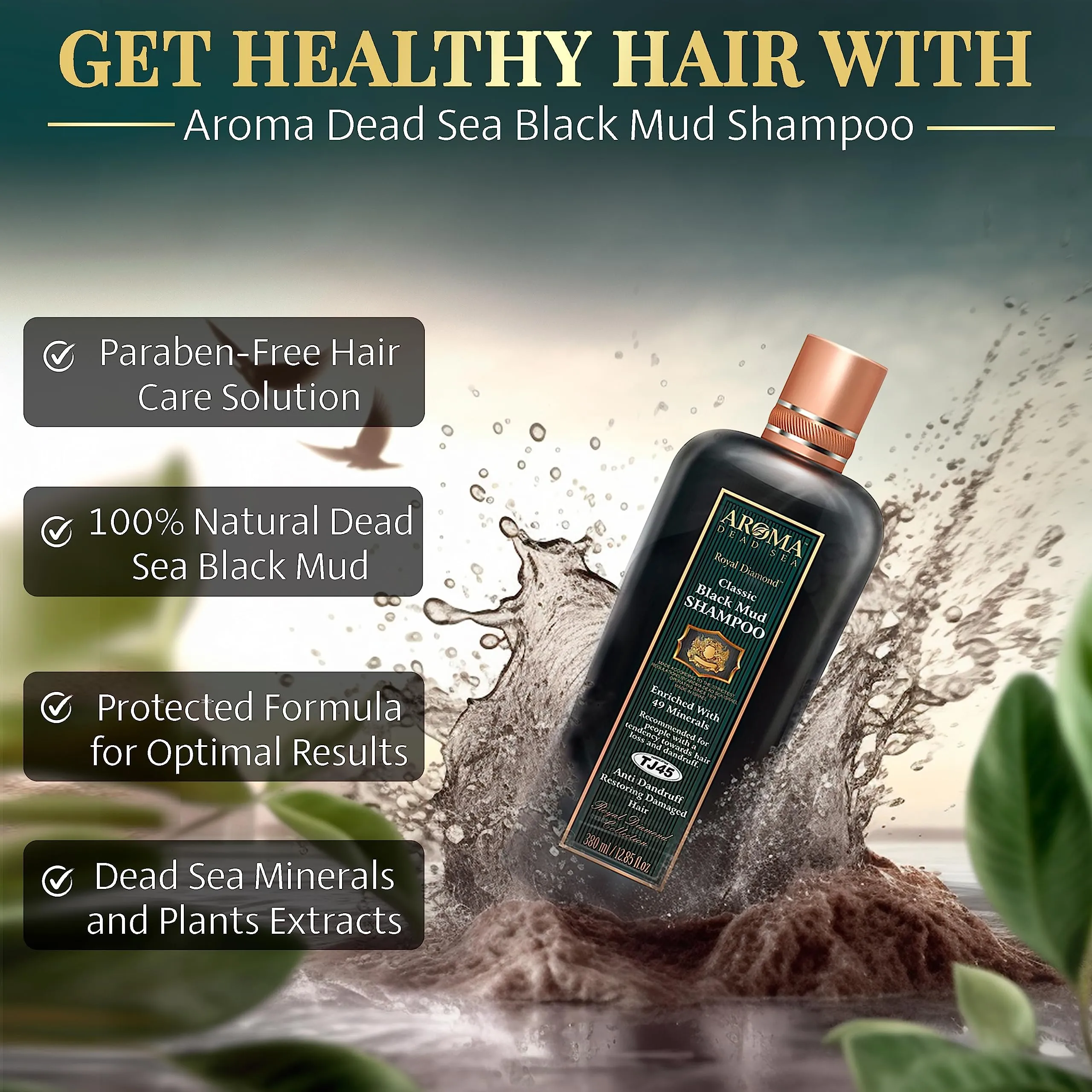 Aroma Dead Sea Black Mud Shampoo - Fights Dandruff, Thinning Hair, Weak Roots & Itchy Scalp. Prevents Hair Loss & Encourages Growth. Ideal for Damaged Hair (12.85 fl.oz)