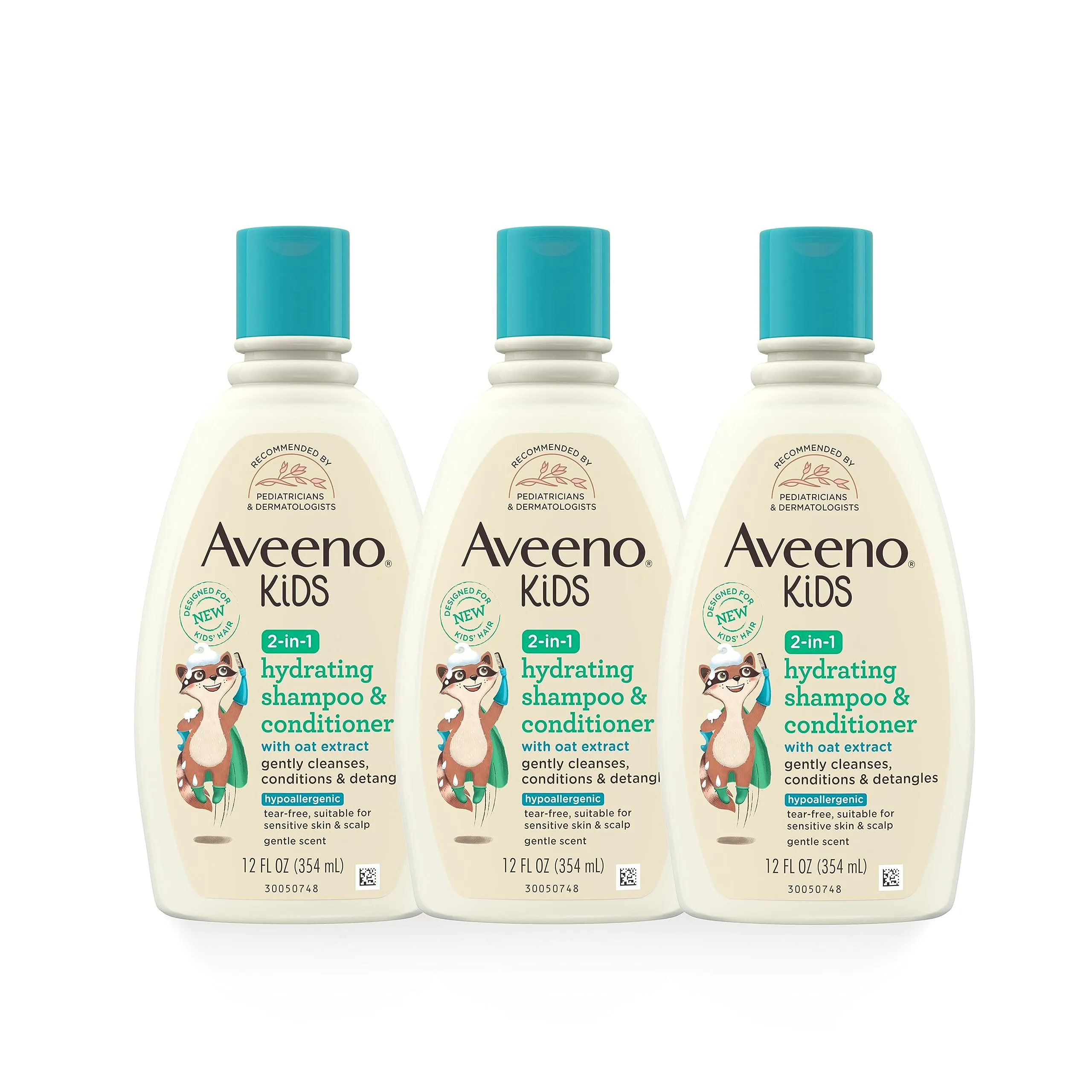 Aveeno Kids 2-in-1 Shampoo and Conditioner, Hydrating Shampoo and Conditioner for Soft, Smooth and Easily Manageable Hair, Oat Extract Formula, Gentle Scent, Hypoallergenic, 12 fl. oz, 3 Pack