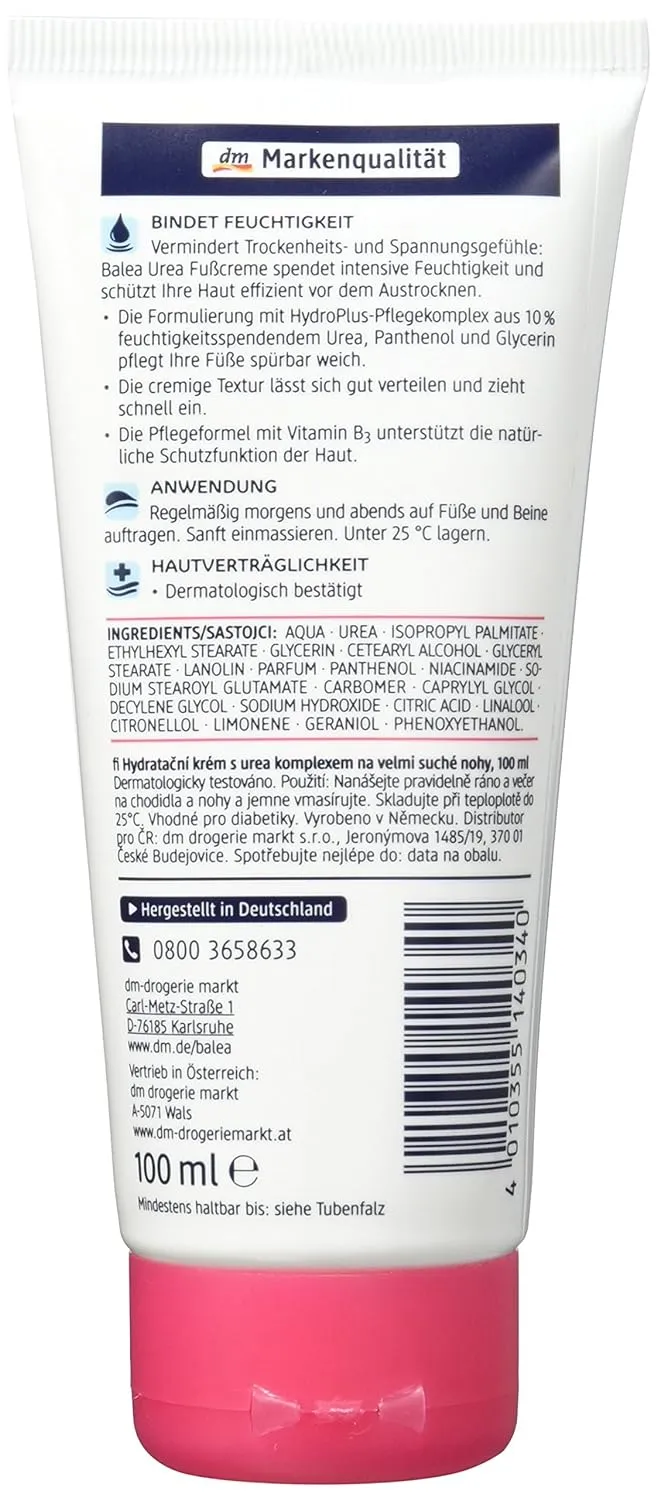 Balea 10% Urea Foot Cream | Deep Moisture for Dry, Cracked Feet | 100ml