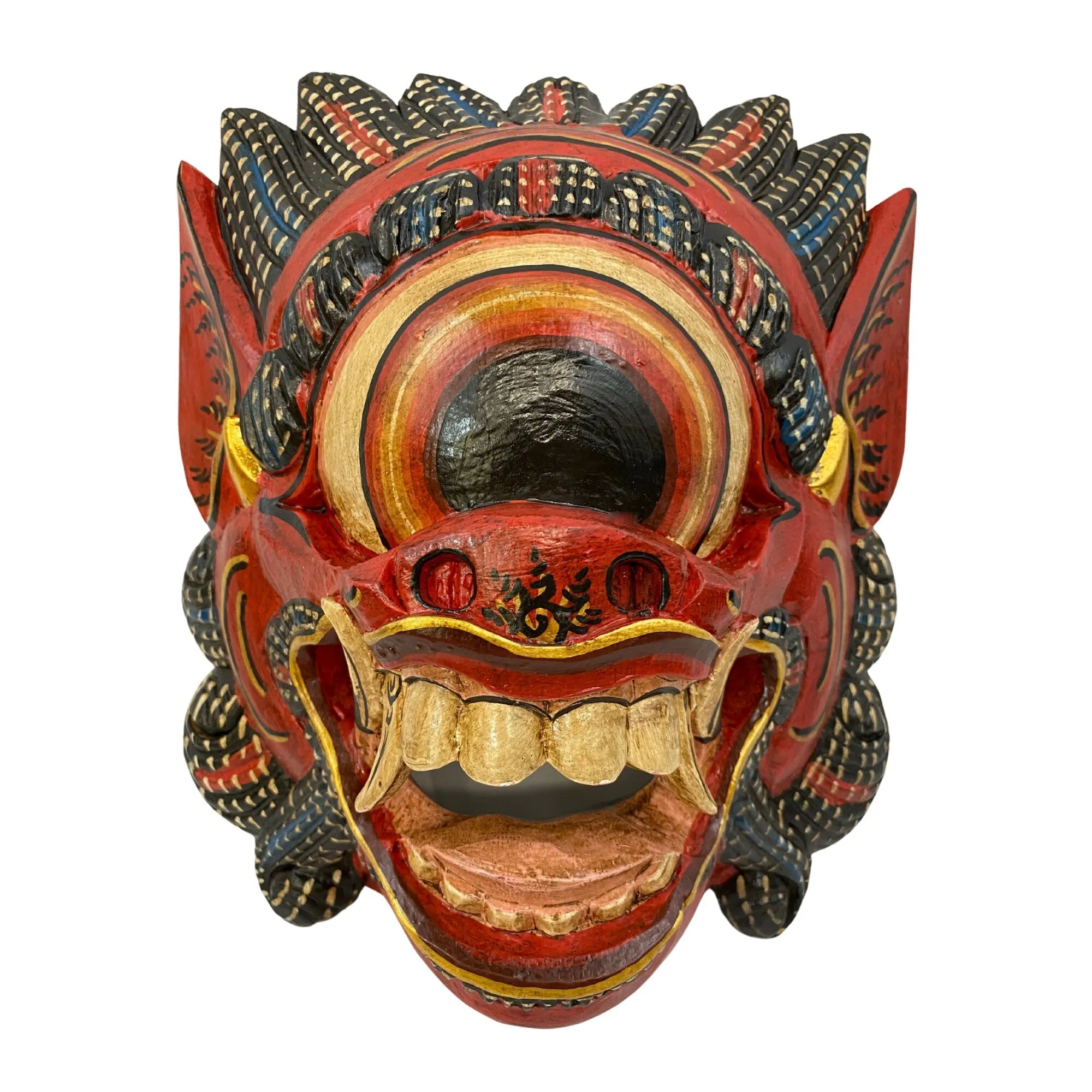 Balinese Mata Besek Mask Cyclops One Eyed Monster Rakshasa Demon Bali Folk Art Hand carved wood Carving Red Wall art