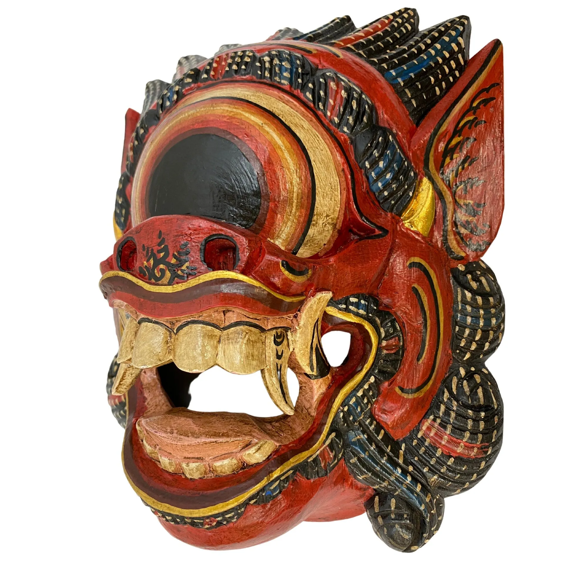 Balinese Mata Besek Mask Cyclops One Eyed Monster Rakshasa Demon Bali Folk Art Hand carved wood Carving Red Wall art