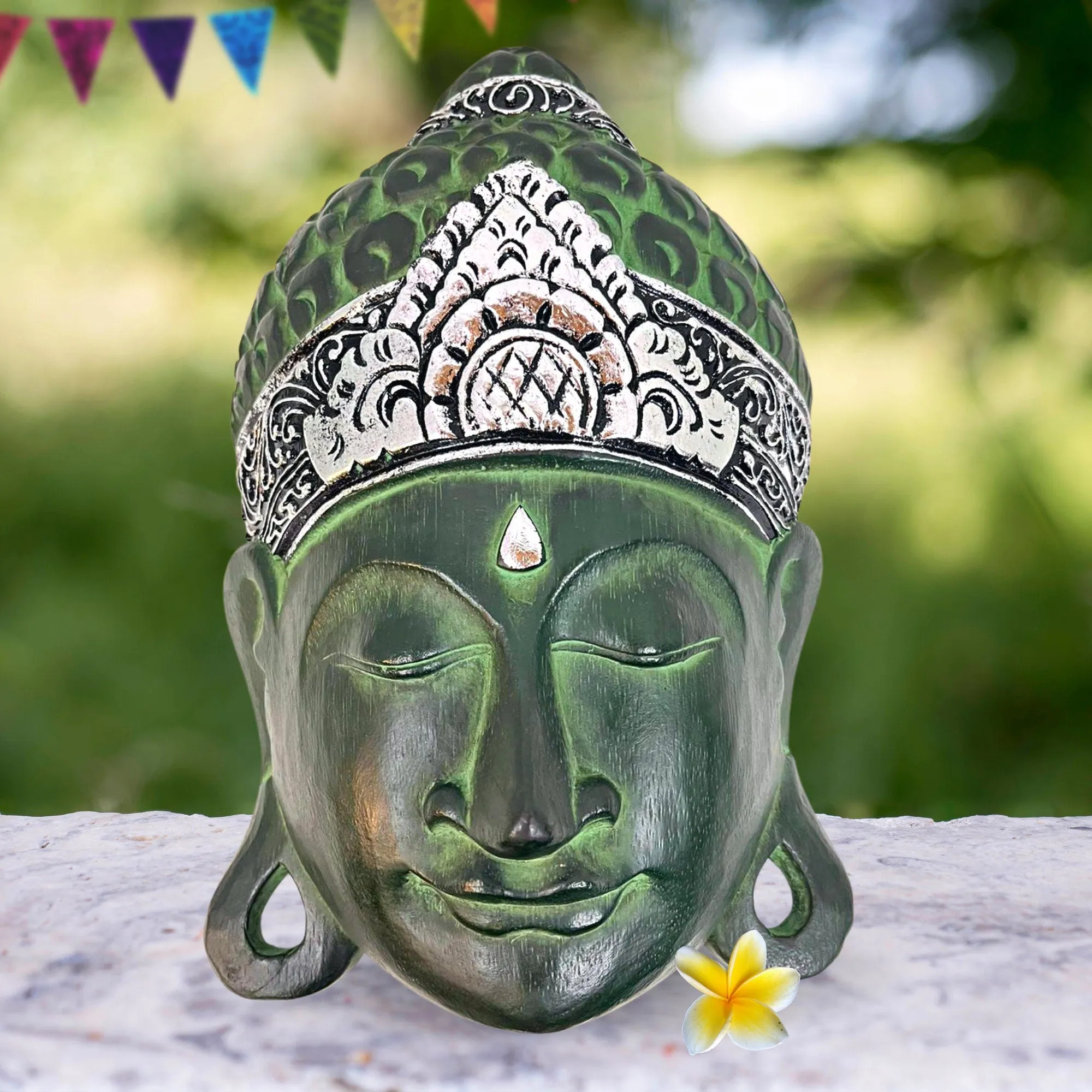 Balinese Peaceful Buddha Wooden Mask wall art sculpture Bali Folk Art Hand Carved wood carving  teal Home Decor