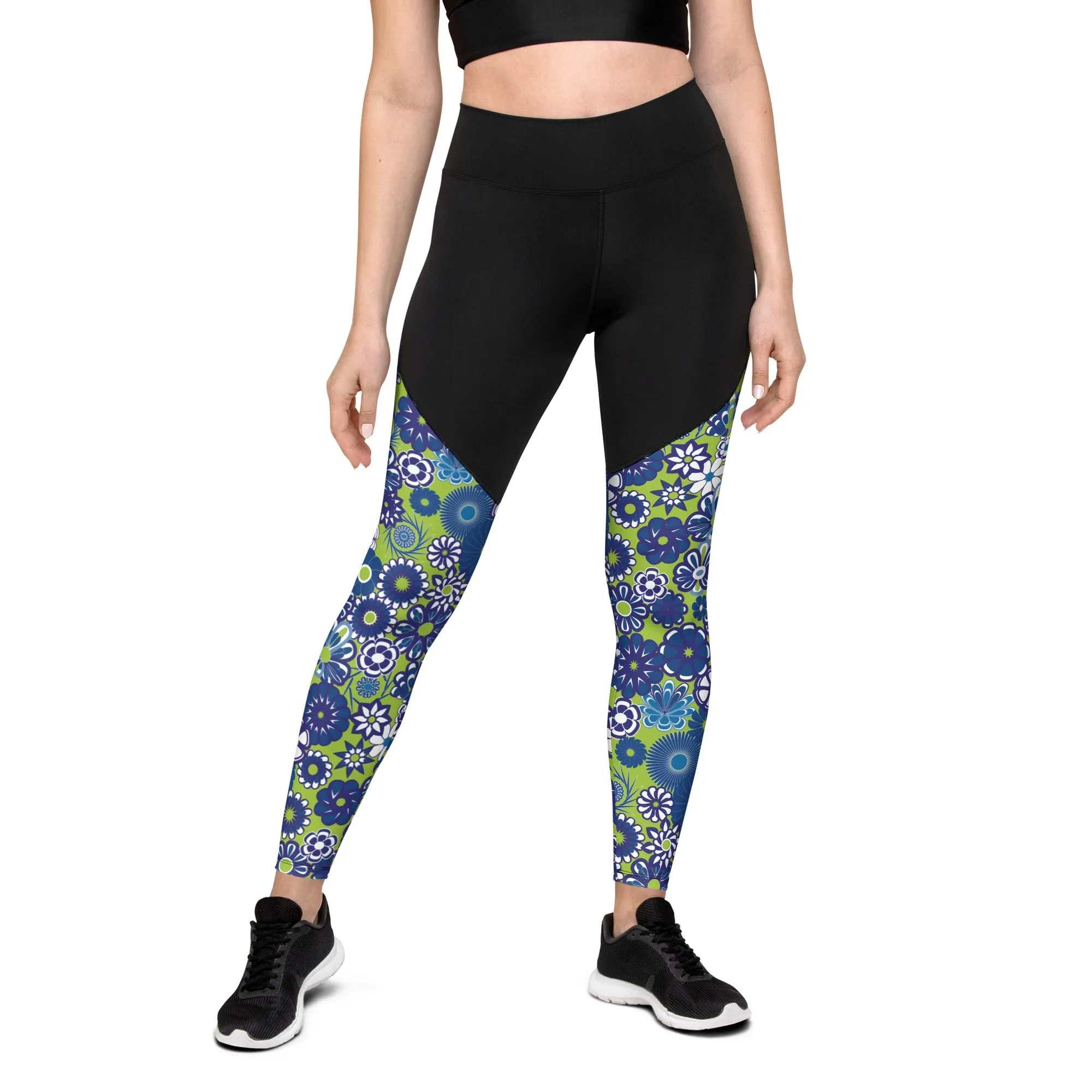 Blue Floral on Lime Sports Leggings made with Lycra and Spandex for women