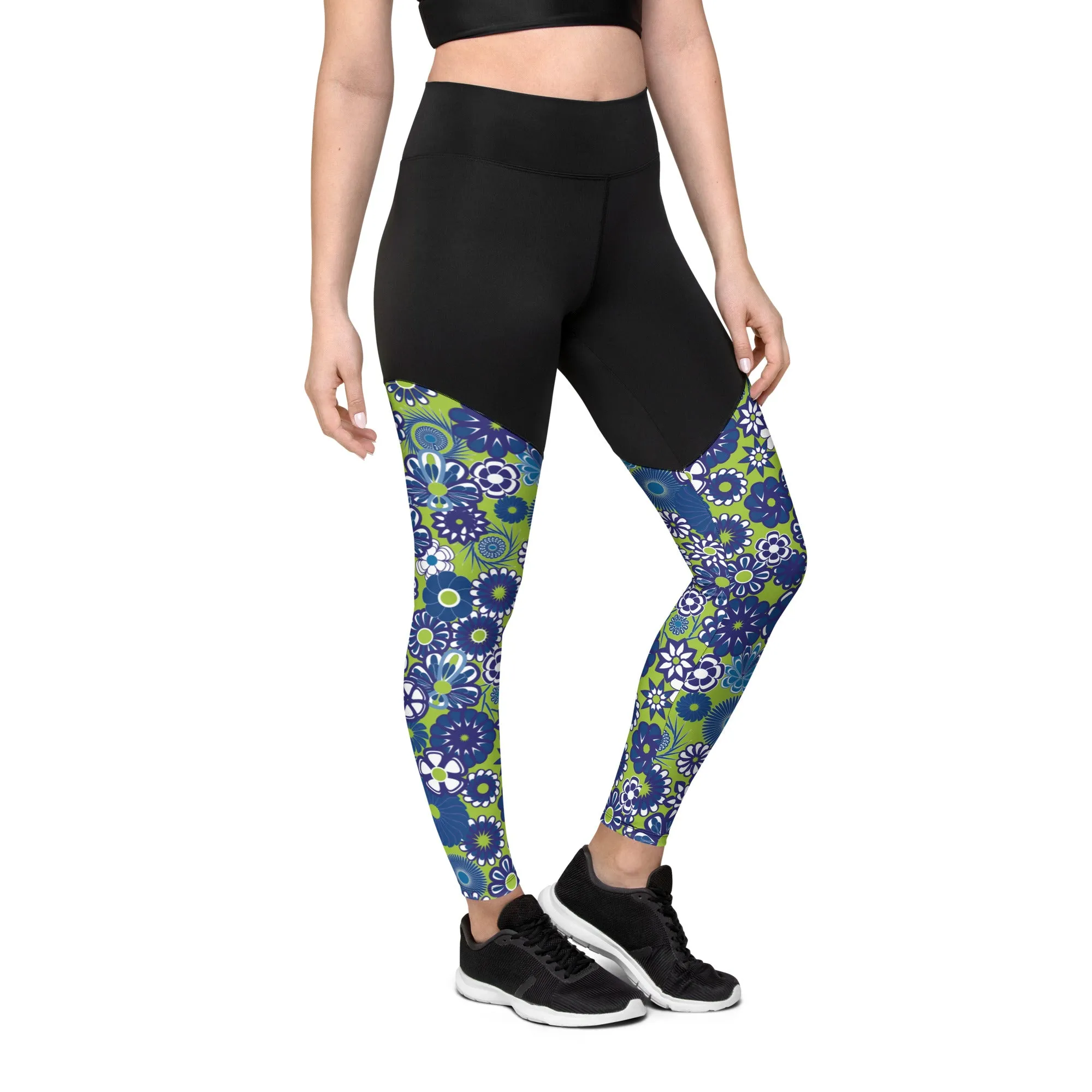 Blue Floral on Lime Sports Leggings made with Lycra and Spandex for women