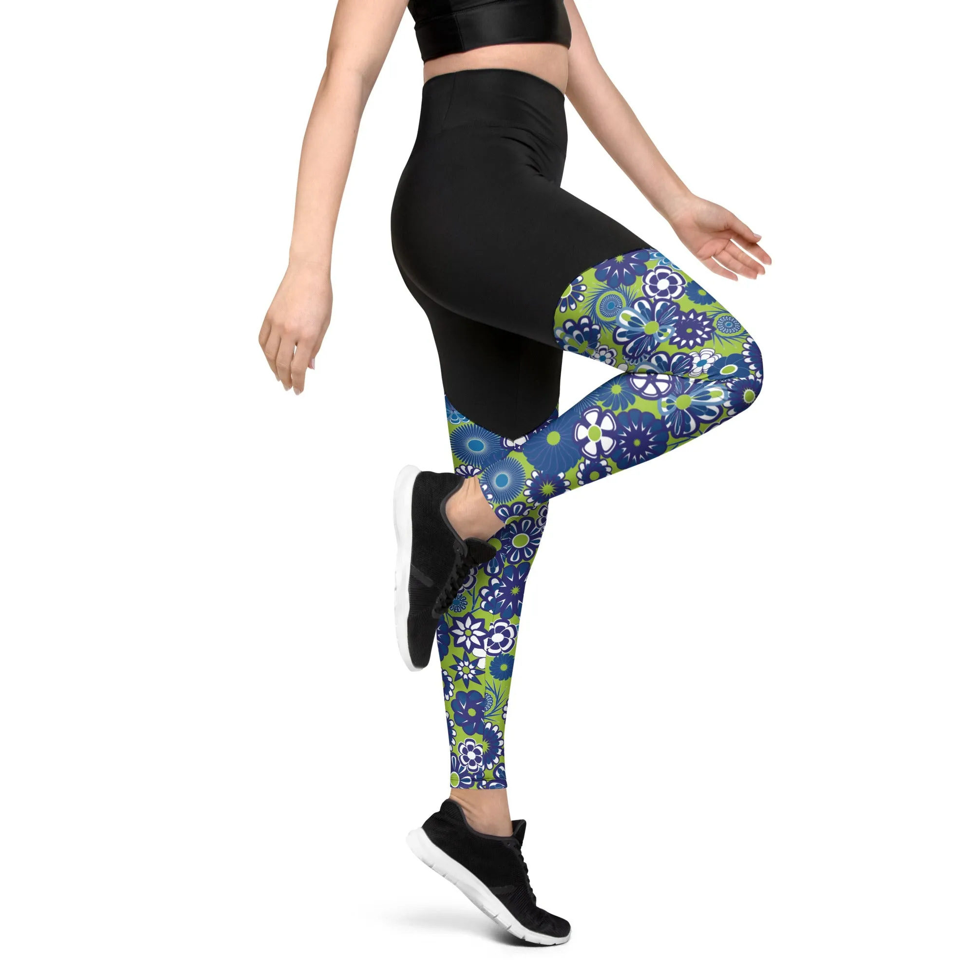 Blue Floral on Lime Sports Leggings made with Lycra and Spandex for women