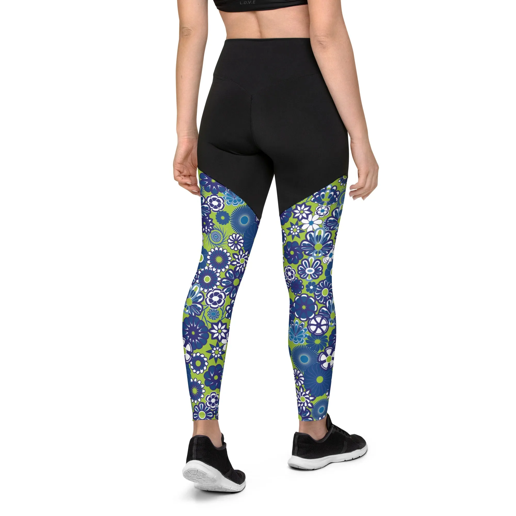 Blue Floral on Lime Sports Leggings made with Lycra and Spandex for women
