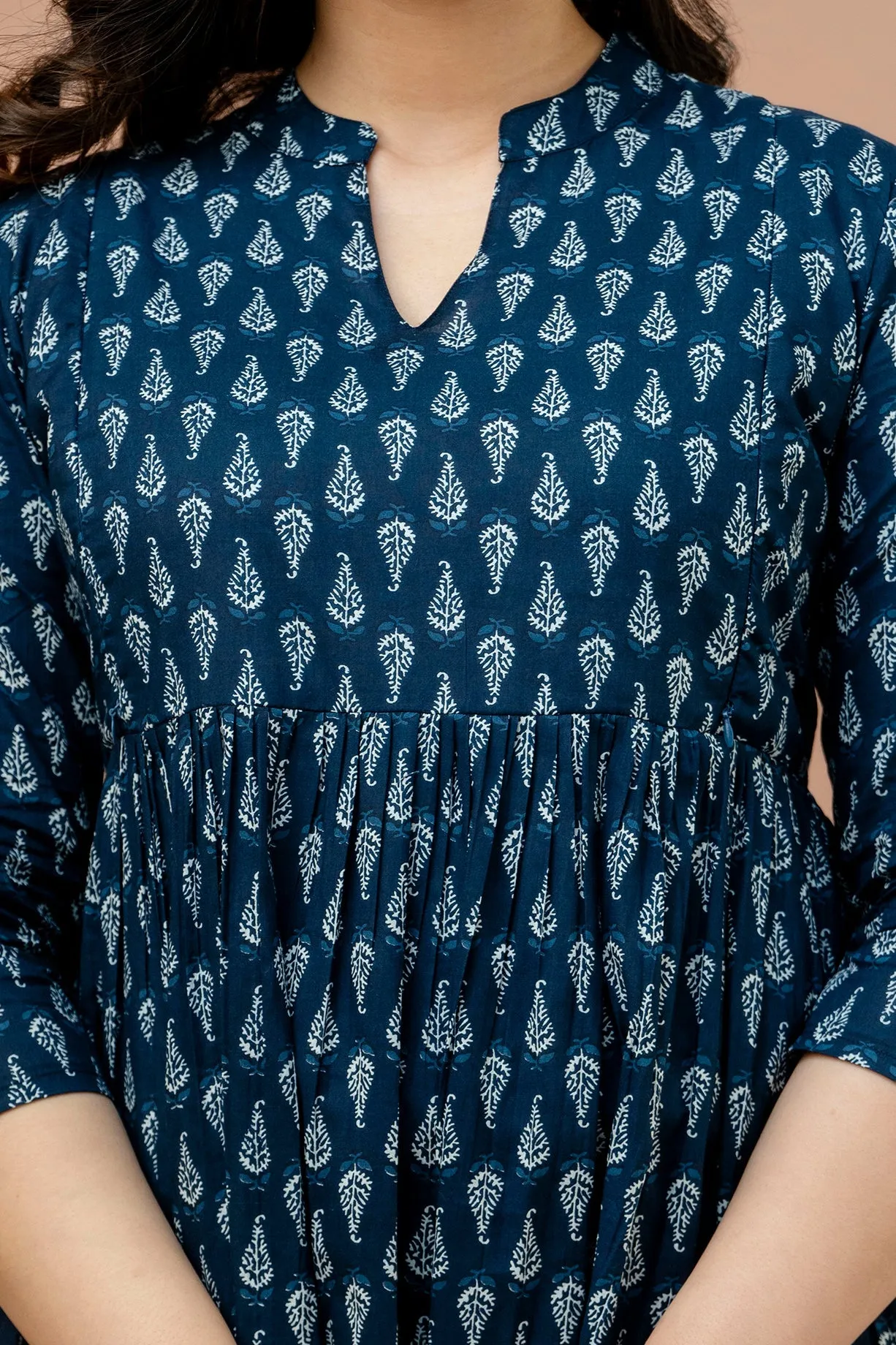 Blue Pure Cotton Leaf Printed Maternity Dress