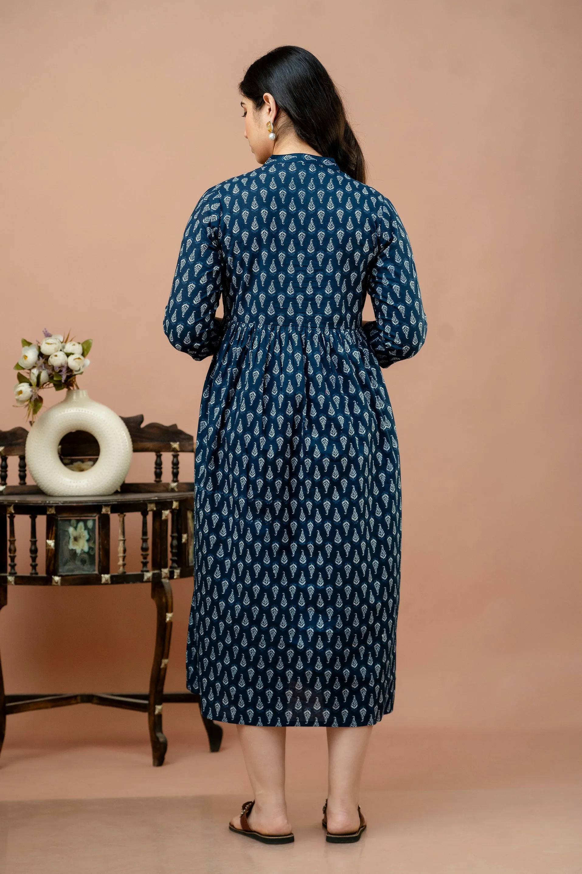 Blue Pure Cotton Leaf Printed Maternity Dress