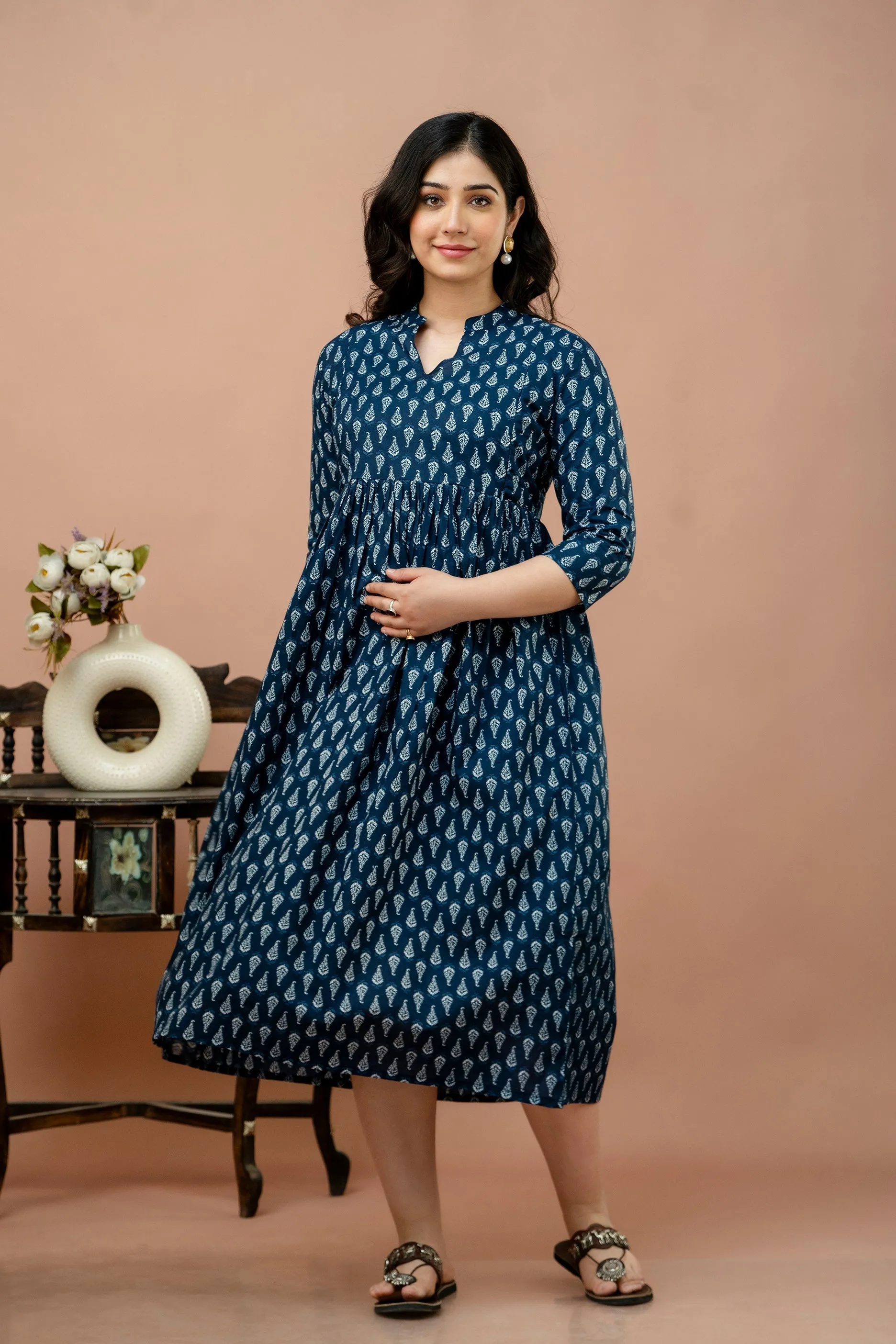 Blue Pure Cotton Leaf Printed Maternity Dress