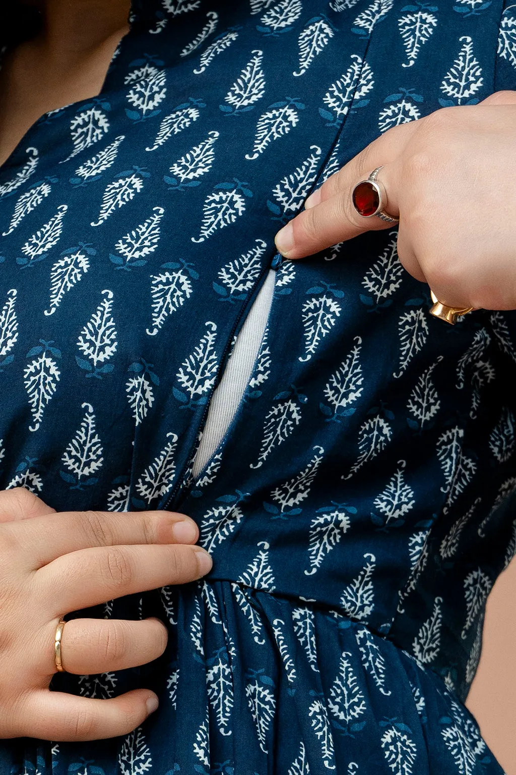 Blue Pure Cotton Leaf Printed Maternity Dress