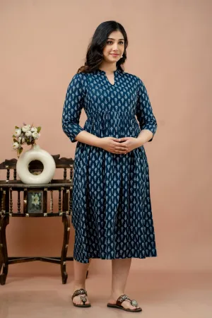 Blue Pure Cotton Leaf Printed Maternity Dress