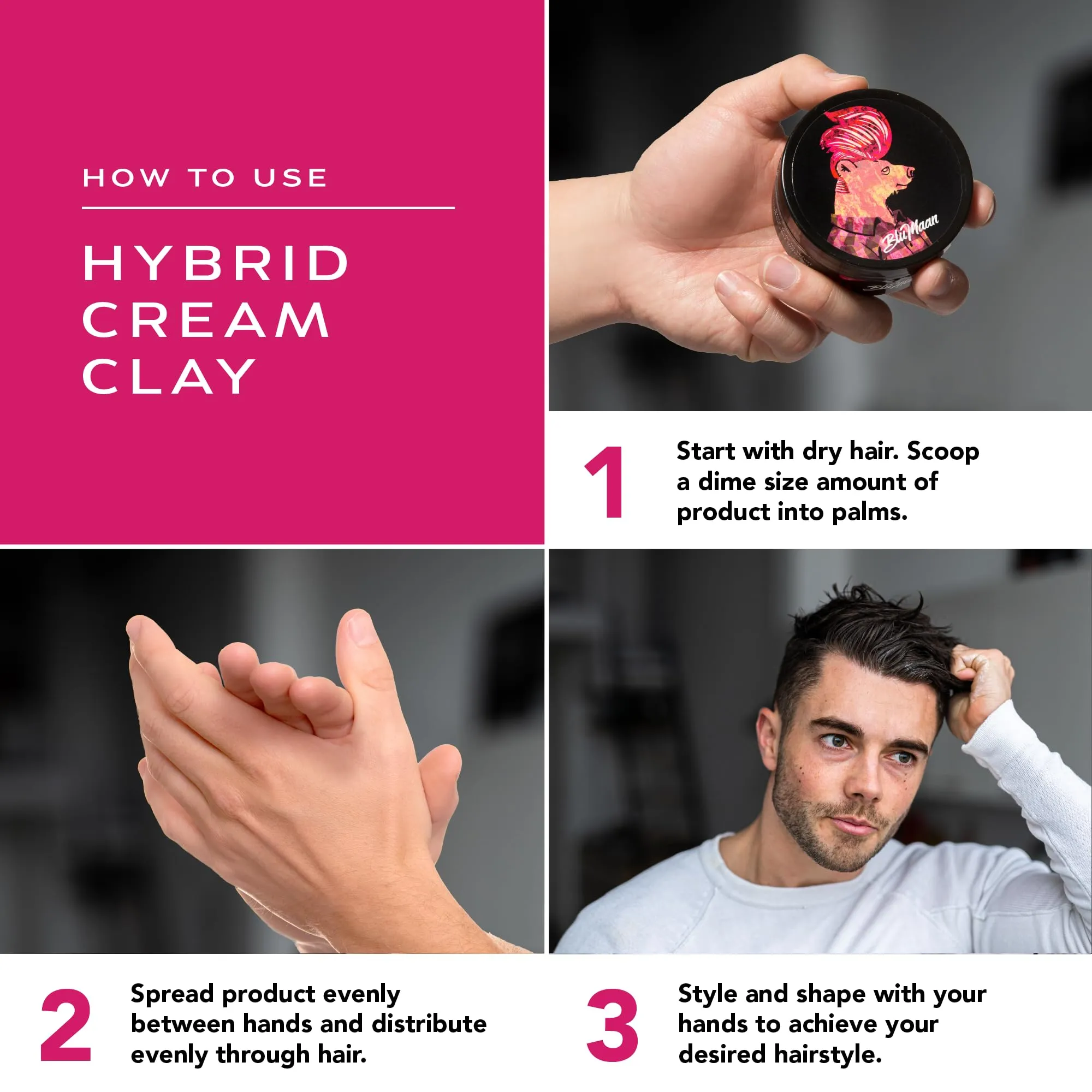 BluMaan Men’s Hybrid Styling Cream Clay | Matte Cream Hair Clay, Easy Workability and Voluminous Hold | Light to Medium Hold for a Smooth Stick, Textured, Matte Finish | 2.5 oz (74 ml)