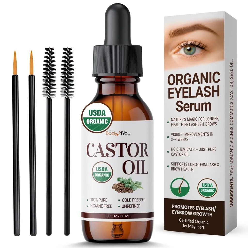 BodyJ4You Organic Castor Oil for Hair Growth: Natural Eyelashes Serum for Lashes and Eyebrows - Glass Bottle 1 Fl Oz