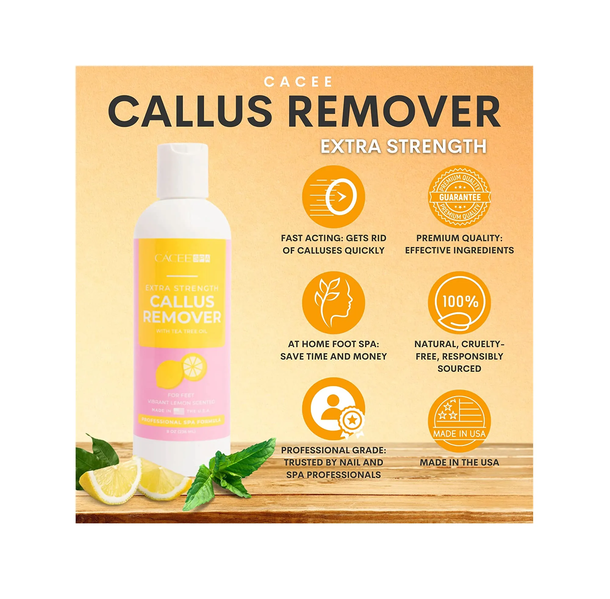 Cacee Callus Remover for Feet 8oz Gel Formula with Tea Tree Oil & Lemon Scent Works Great with Foot Scrubber Foot File or Pumice Stone Callous or Corn Remover