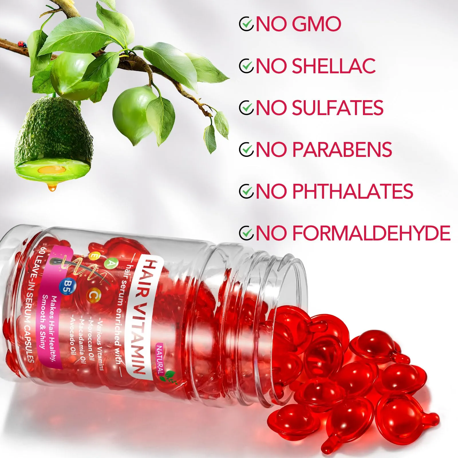 caqorzo Hair Treatment Serum, Hair Vitamin Serum Capsule, 60PCS Enriched with Moroccan Macadamia Avocado Oils, Vitamins A C E Pro B5, No Rinse and Safe for All Hair(Box-Packed)