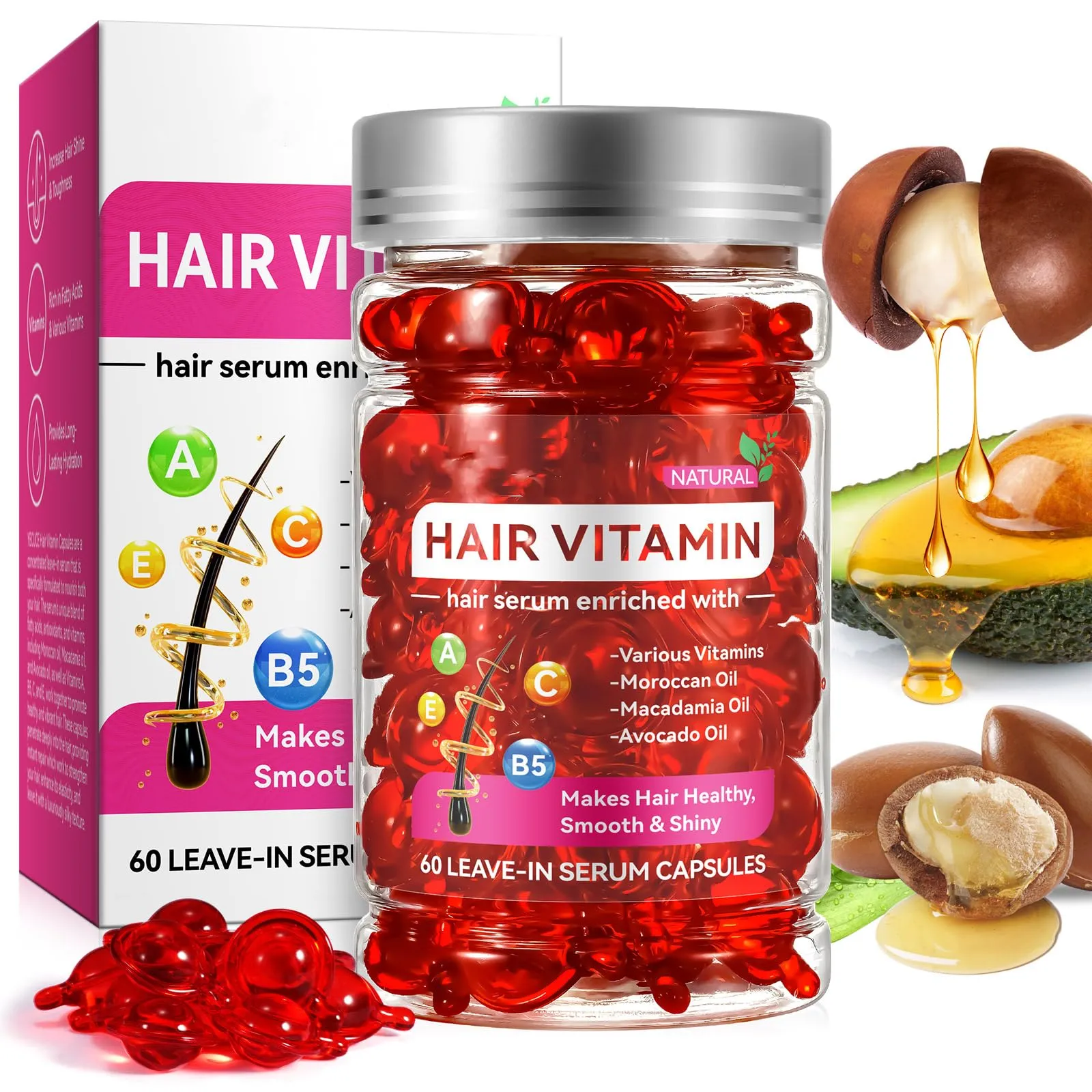 caqorzo Hair Treatment Serum, Hair Vitamin Serum Capsule, 60PCS Enriched with Moroccan Macadamia Avocado Oils, Vitamins A C E Pro B5, No Rinse and Safe for All Hair(Box-Packed)
