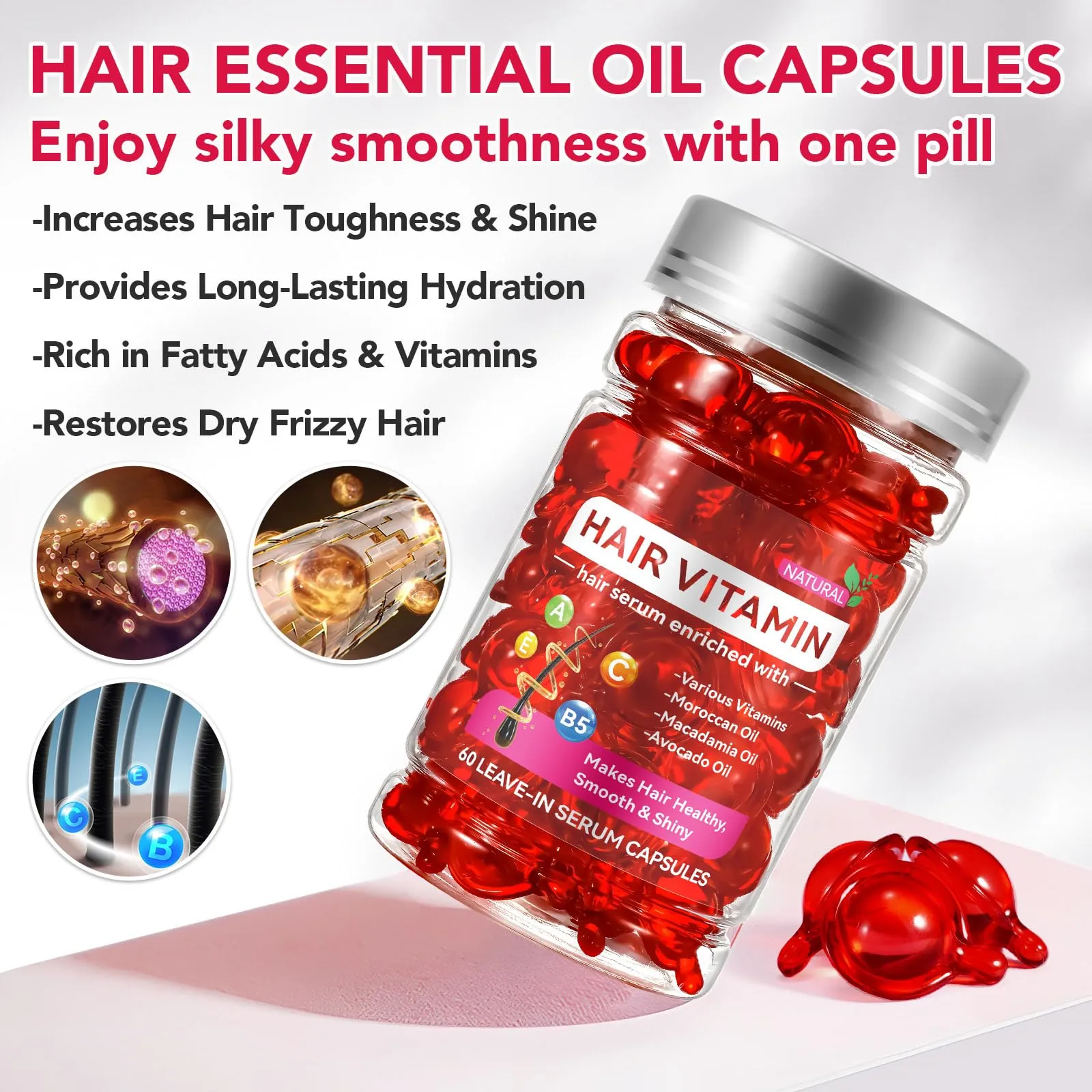 caqorzo Hair Treatment Serum, Hair Vitamin Serum Capsule, 60PCS Enriched with Moroccan Macadamia Avocado Oils, Vitamins A C E Pro B5, No Rinse and Safe for All Hair(Box-Packed)