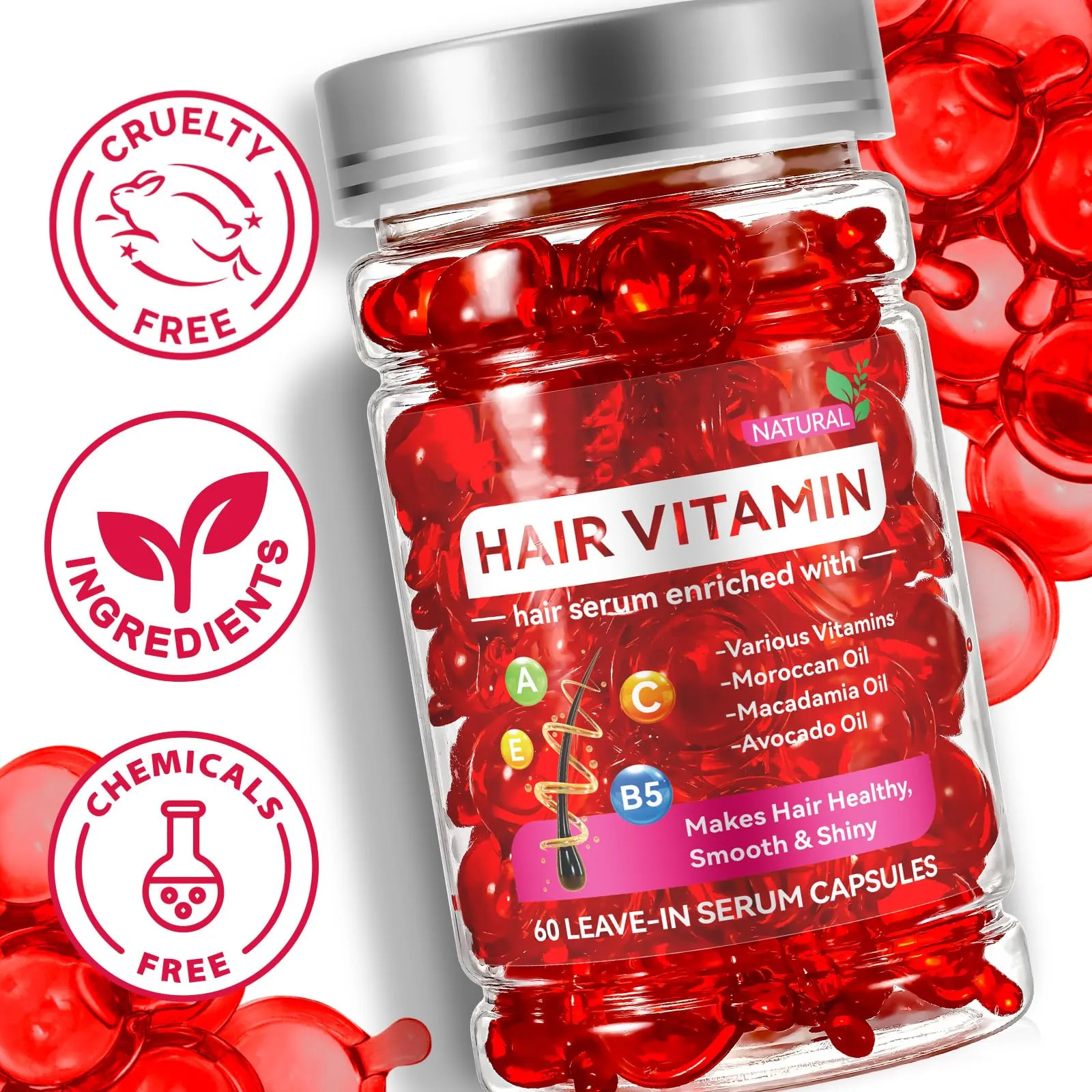 caqorzo Hair Treatment Serum, Hair Vitamin Serum Capsule, 60PCS Enriched with Moroccan Macadamia Avocado Oils, Vitamins A C E Pro B5, No Rinse and Safe for All Hair(Box-Packed)