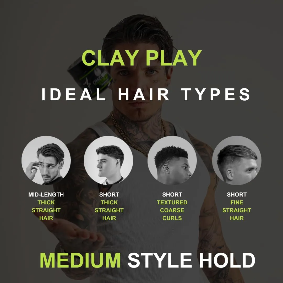 CrazyBull Hair Clay Play Medium Hold Clay - Styling Clay with Volcanic Ash Bentonite - Long-Lasting and Vegan Friendly Hair Clay for Men - 3.38 oz
