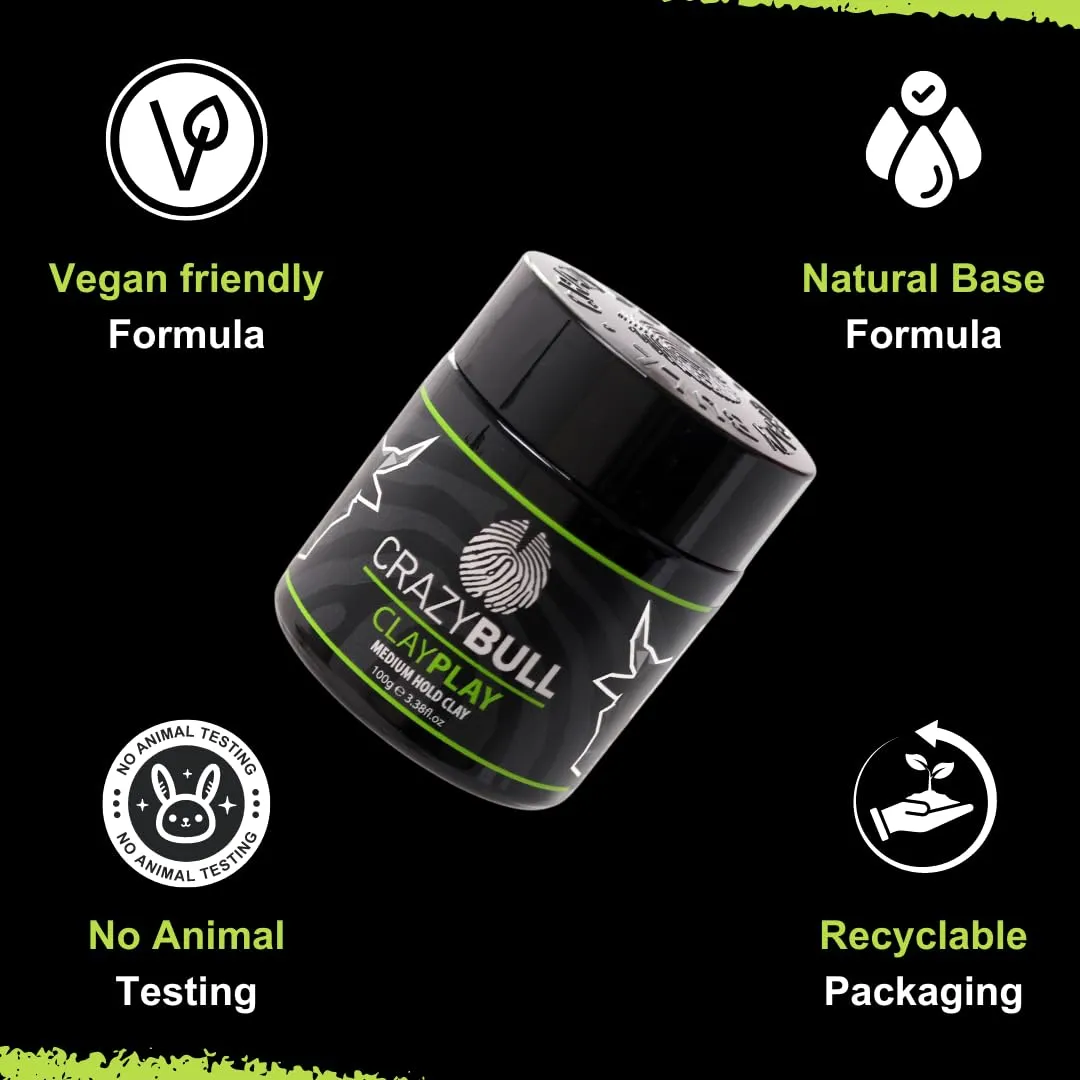 CrazyBull Hair Clay Play Medium Hold Clay - Styling Clay with Volcanic Ash Bentonite - Long-Lasting and Vegan Friendly Hair Clay for Men - 3.38 oz