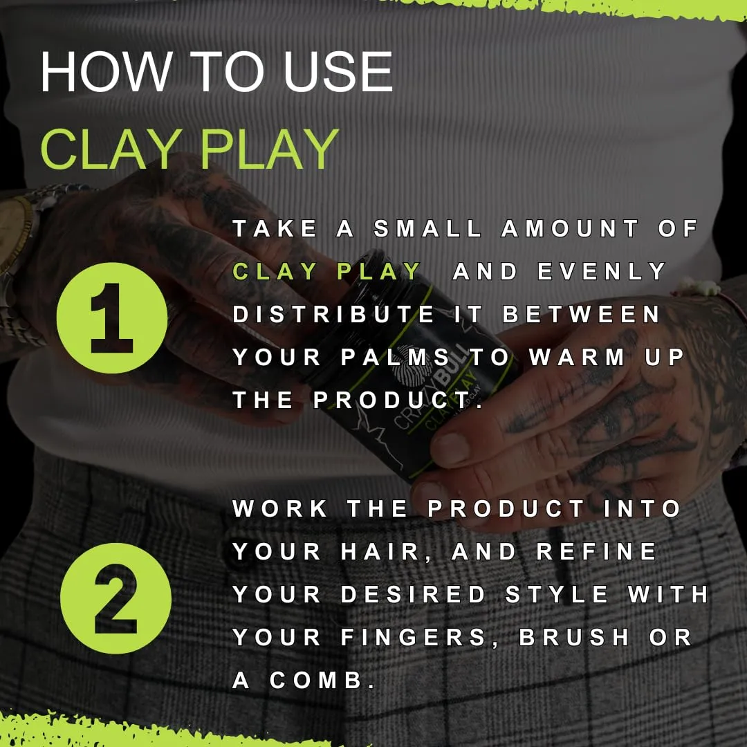 CrazyBull Hair Clay Play Medium Hold Clay - Styling Clay with Volcanic Ash Bentonite - Long-Lasting and Vegan Friendly Hair Clay for Men - 3.38 oz