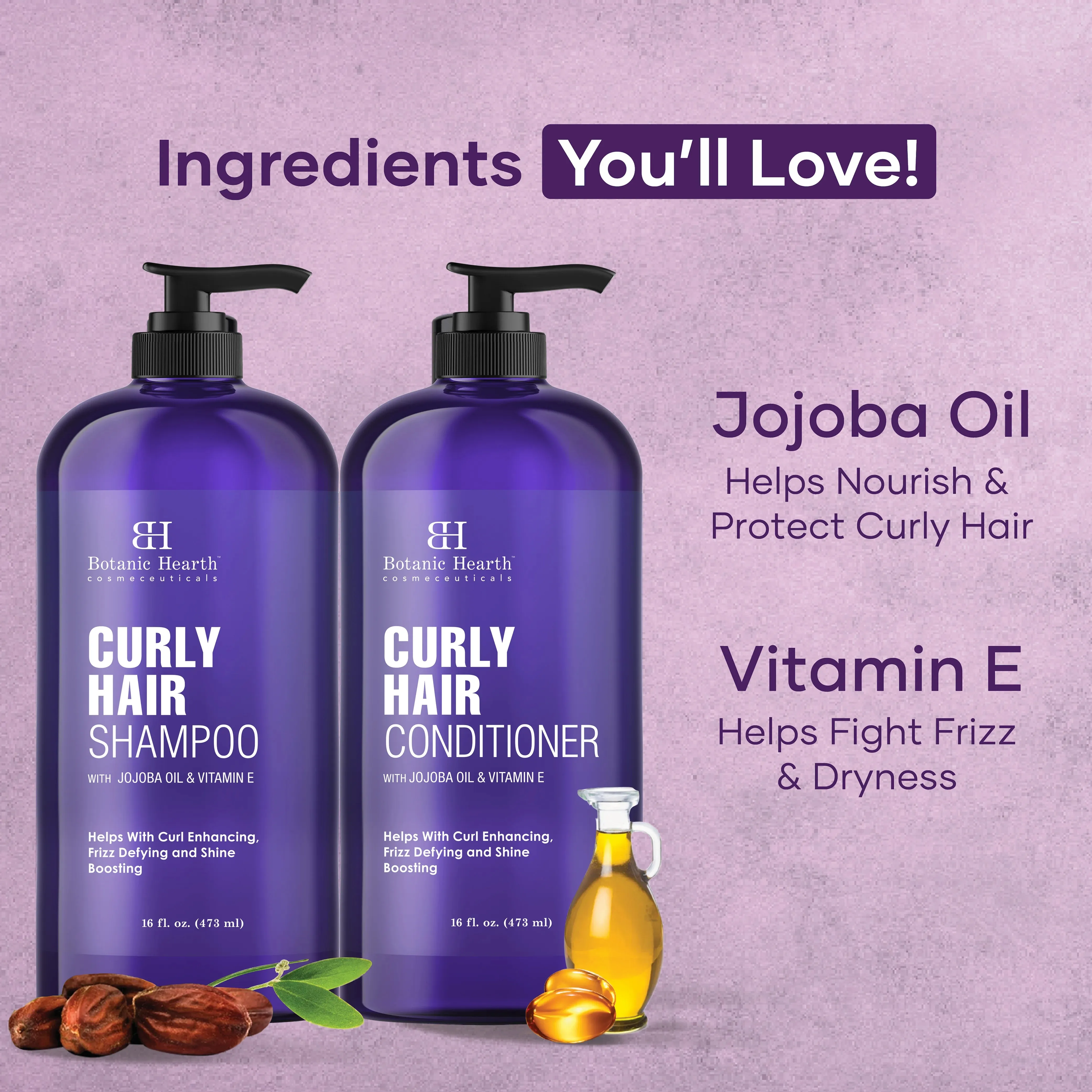 Curly Hair Shampoo and Conditioner Set with Jojoba Oil and Vitamin E | 16 fl oz each