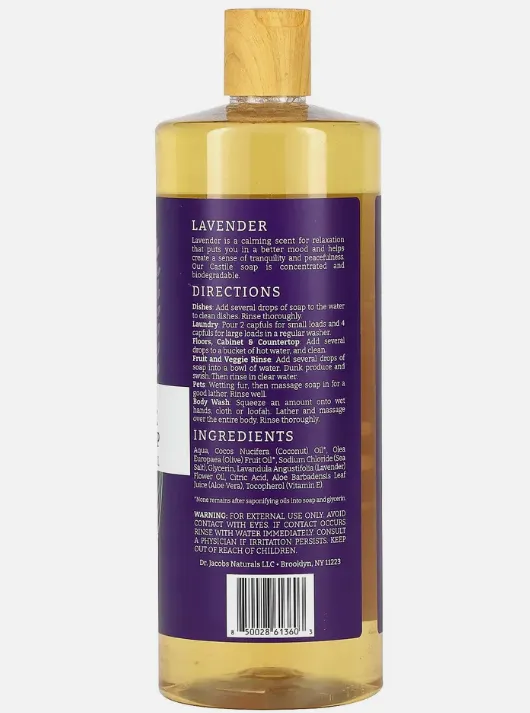 Dr. Jacobs Naturals Plant-Based Pure Castile All-In-1 Soap, Lavender Essential Oil, 32 oz (946 ml)