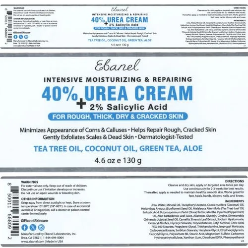 Ebanel Urea Cream 40% plus Salicylic Acid 2%, Foot Cream for Dry Cracked Heels Feet Knees Elbows Hands, Foot Dead Skin Cuticle Callus Remover Toenail Softener, Keratolytic Skin Barrier Repair Cream