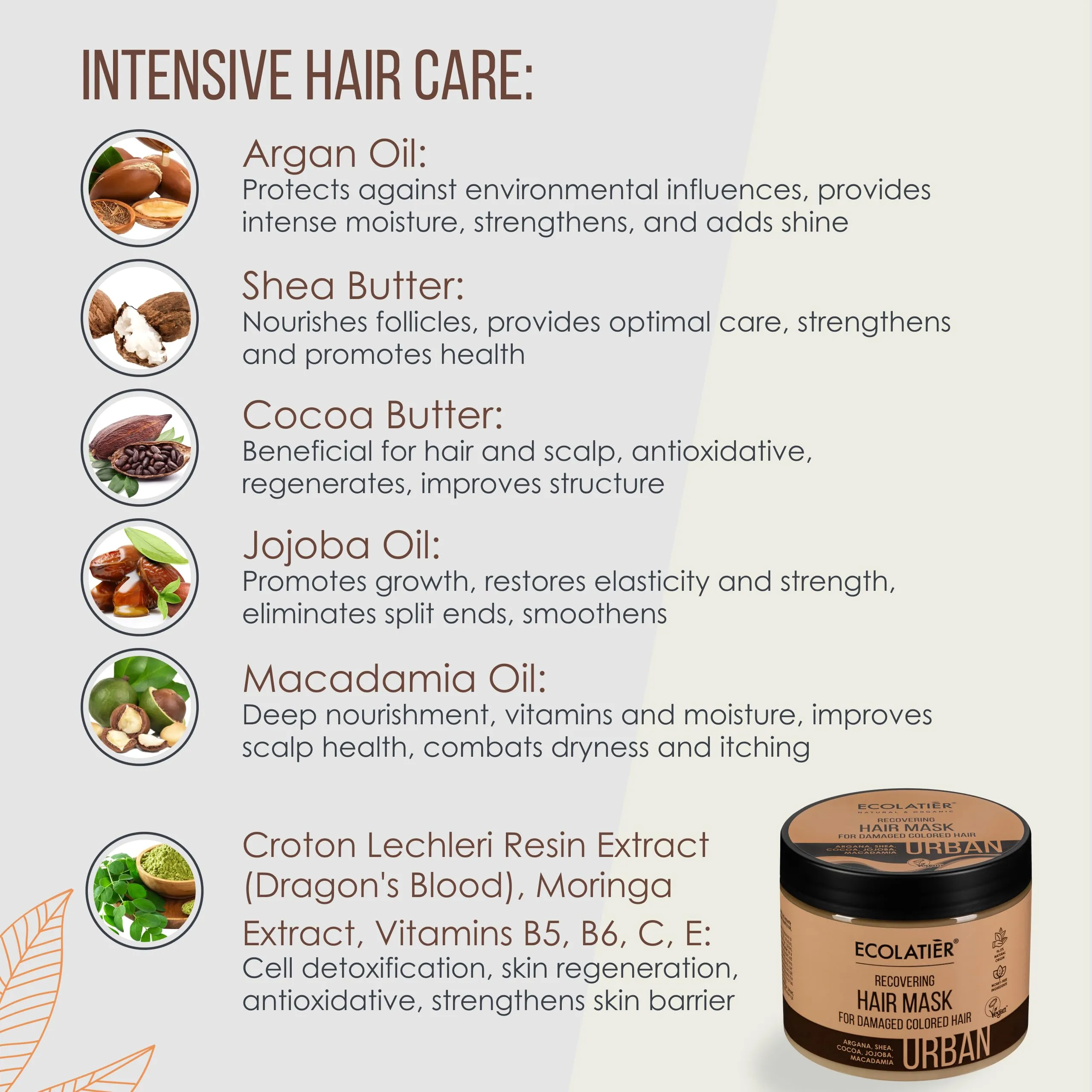 ECOLATIÈR Recovering Hair Mask for Damaged Colored Hair - Deep Conditioning, Hydrating Hair Mask, Argan Oil, Shea Butter, Vegan, 97.2% Natural Ingredients, 13.5 Fl Oz