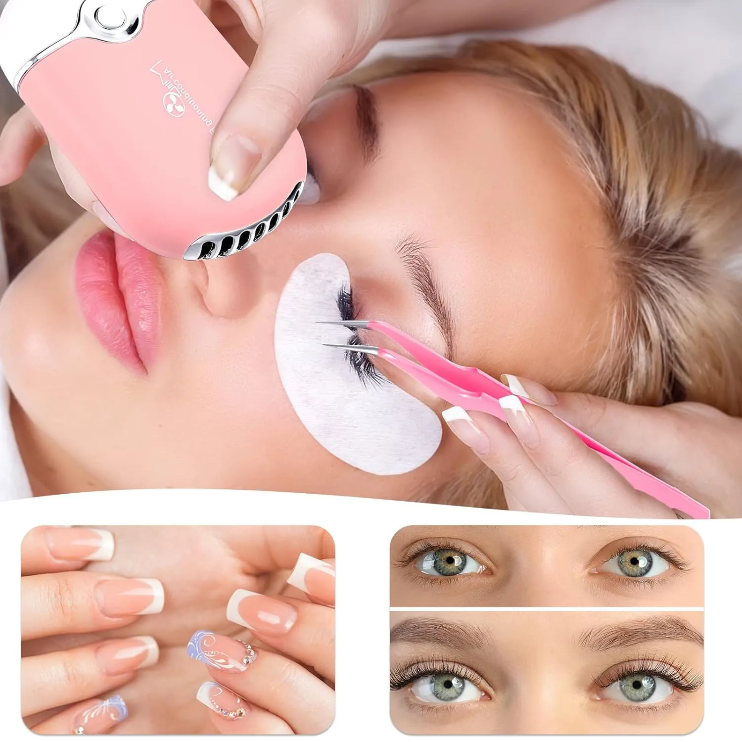 Eyelash Extension Supply Eyelash Extension Kit with USB Air Conditioning Blower Nano Facial Mister Silicone Pad Tweezers Eye Gel Pad Mini Brush Wash Bottle Mascara Brush Glue Ring (Pink)