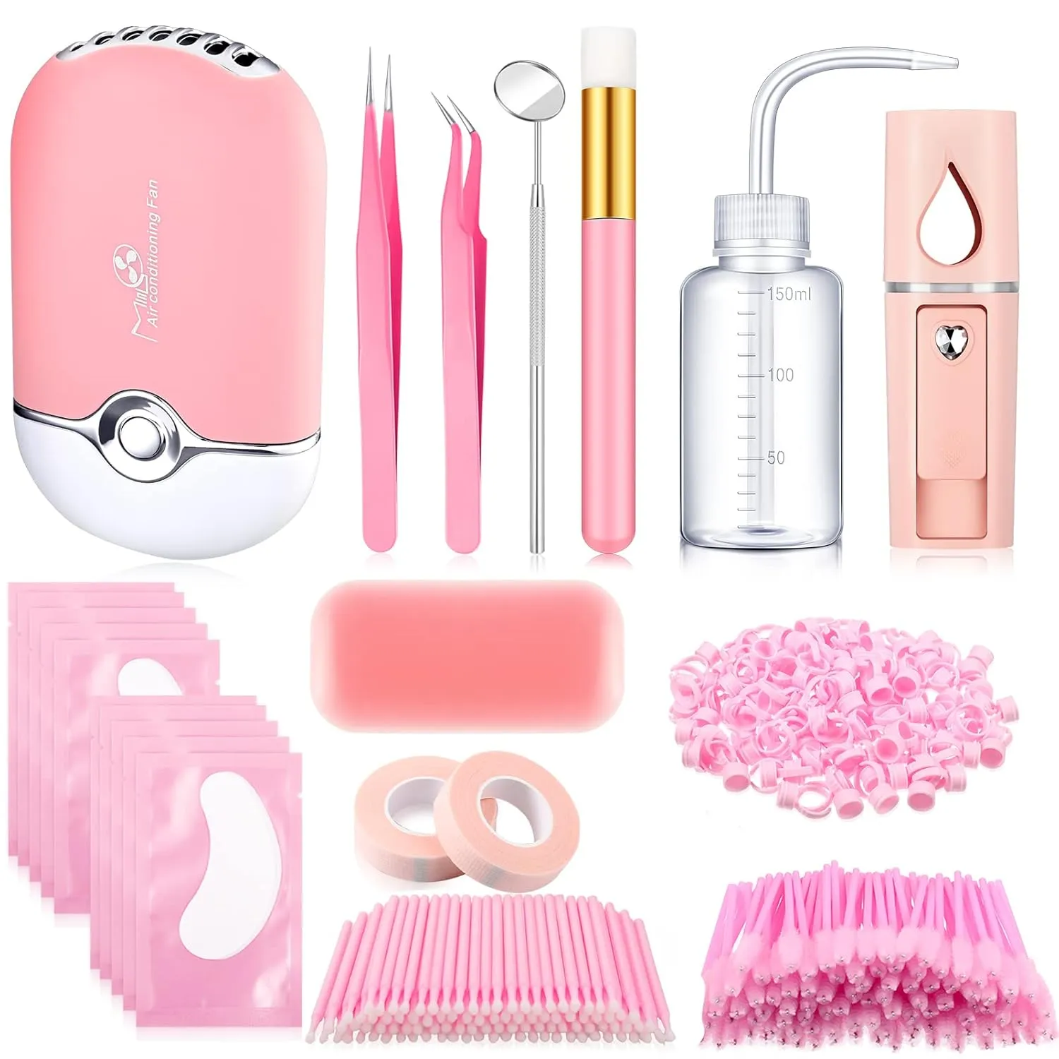 Eyelash Extension Supply Eyelash Extension Kit with USB Air Conditioning Blower Nano Facial Mister Silicone Pad Tweezers Eye Gel Pad Mini Brush Wash Bottle Mascara Brush Glue Ring (Pink)