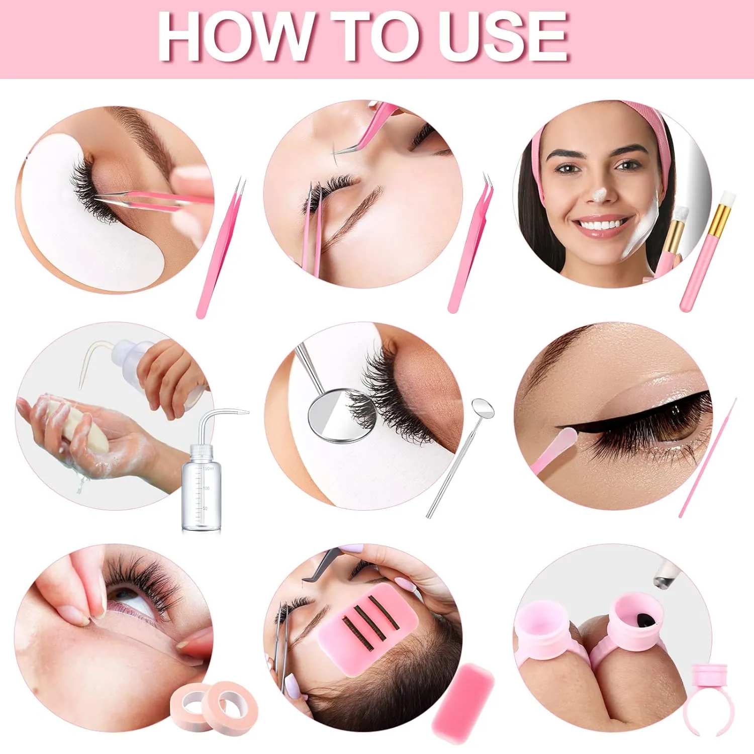 Eyelash Extension Supply Eyelash Extension Kit with USB Air Conditioning Blower Nano Facial Mister Silicone Pad Tweezers Eye Gel Pad Mini Brush Wash Bottle Mascara Brush Glue Ring (Pink)