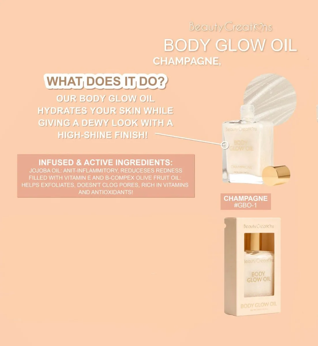 Face- Beauty Creations Body Glow Oil GBO-1 CHAMPAGNE (3pc bundle,$4 each)