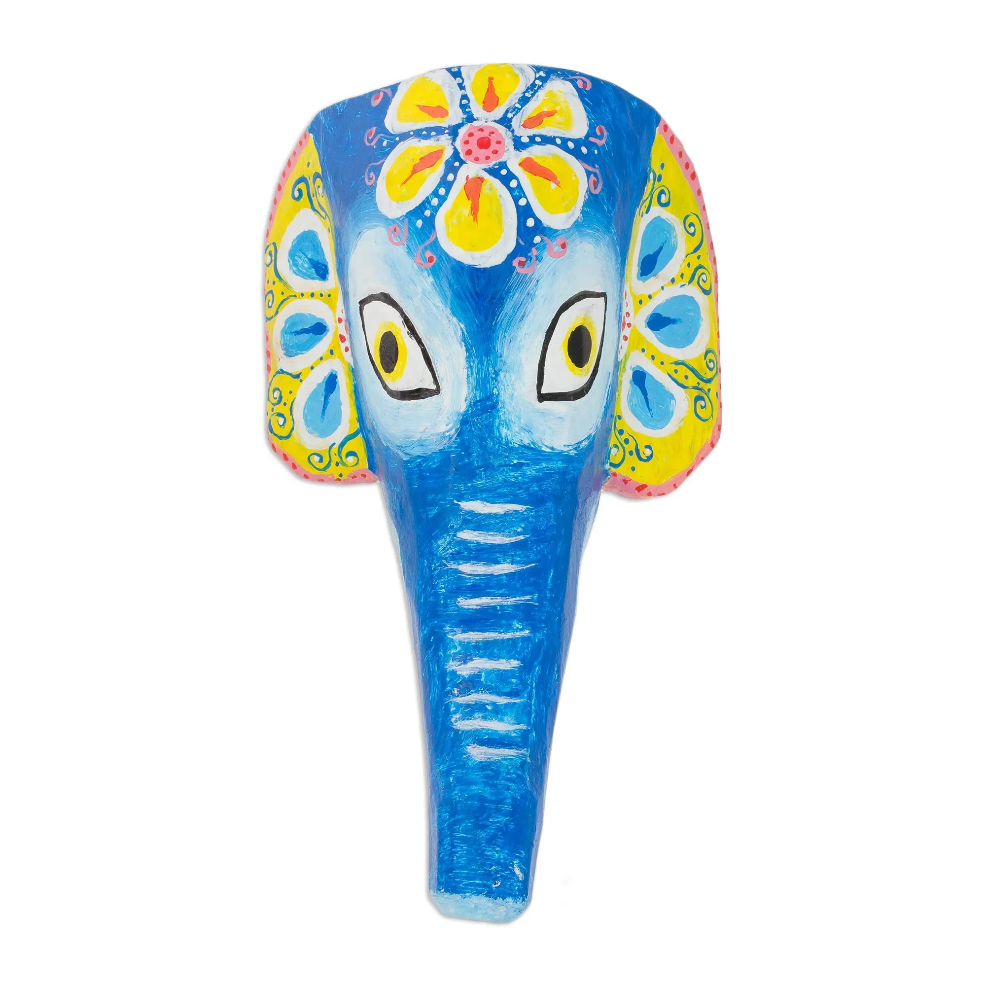 Floral Wisdom Hand-Painted Pinewood Elephant Mask from Guatemala