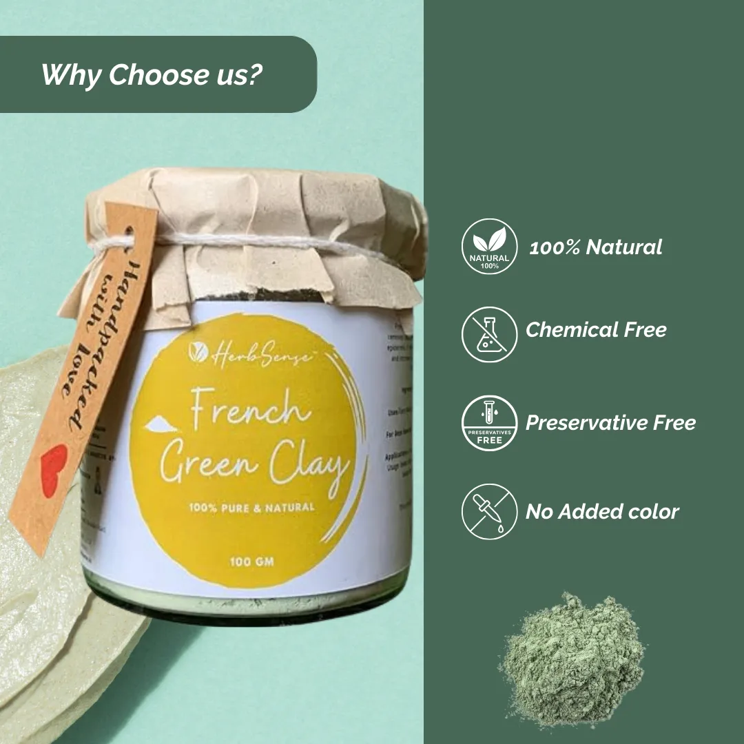 French Green Clay-100gm- For Glowing & Healthy Skin, Deep Cleansing ,Nourishing & Detoxifying Clay Mask,