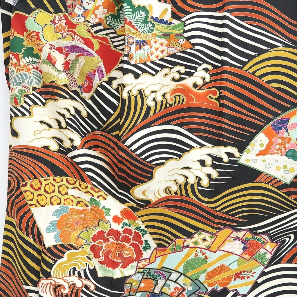 Furisode Vintage(1920-1950) Black Curling Wave Silk #9953Z1