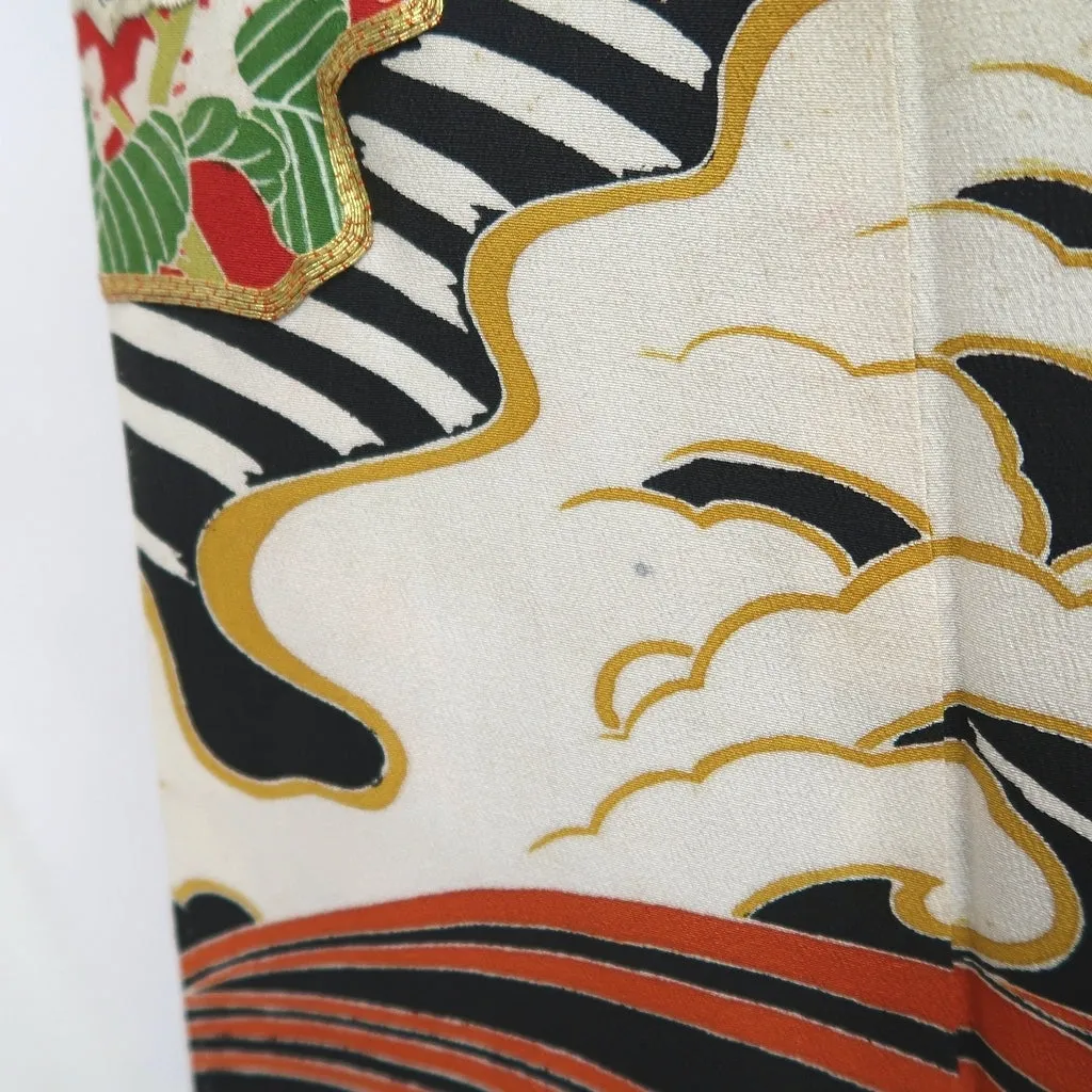 Furisode Vintage(1920-1950) Black Curling Wave Silk #9953Z1