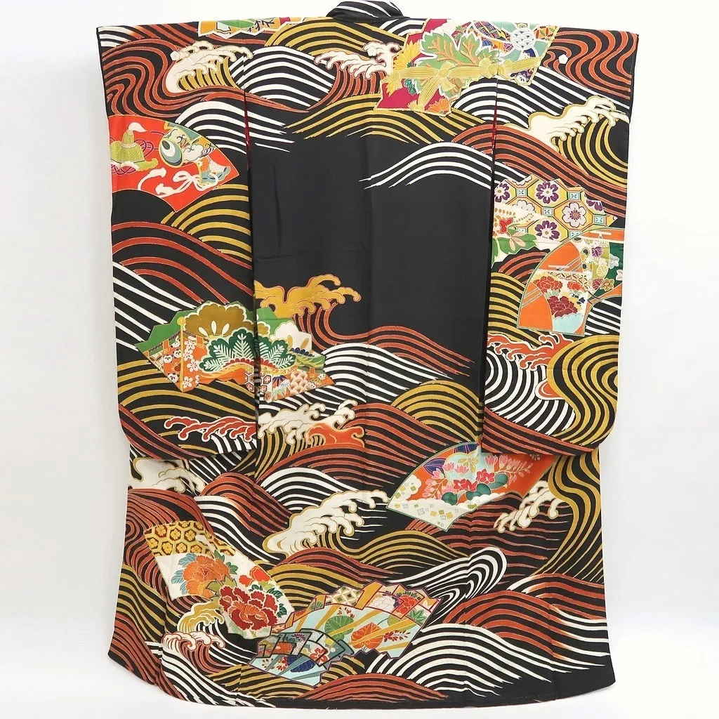Furisode Vintage(1920-1950) Black Curling Wave Silk #9953Z1