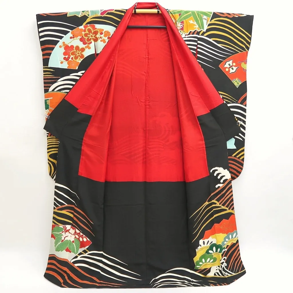 Furisode Vintage(1920-1950) Black Curling Wave Silk #9953Z1