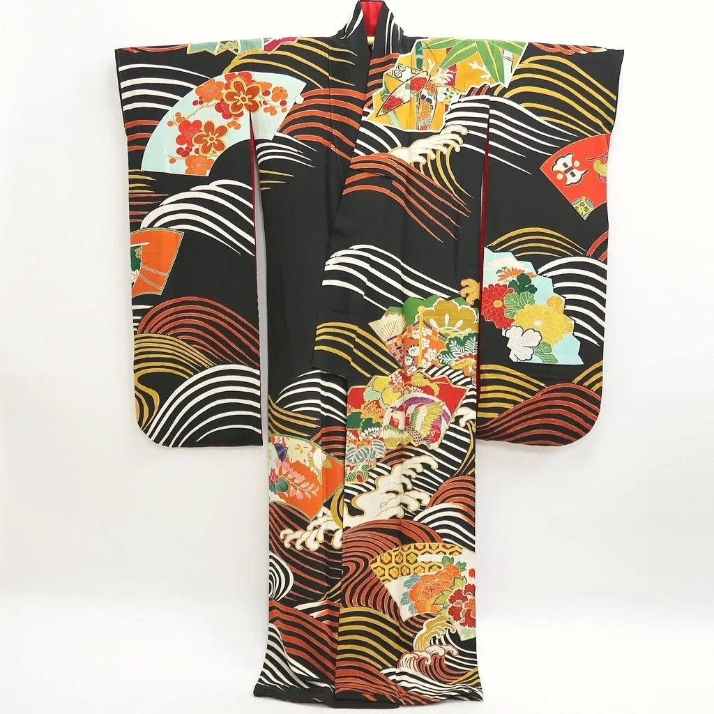 Furisode Vintage(1920-1950) Black Curling Wave Silk #9953Z1