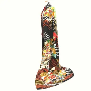 Furisode Vintage(1920-1950) Black Curling Wave Silk #9953Z1