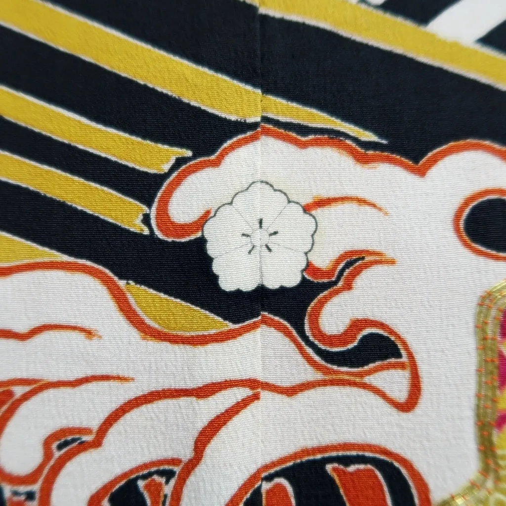 Furisode Vintage(1920-1950) Black Curling Wave Silk #9953Z1